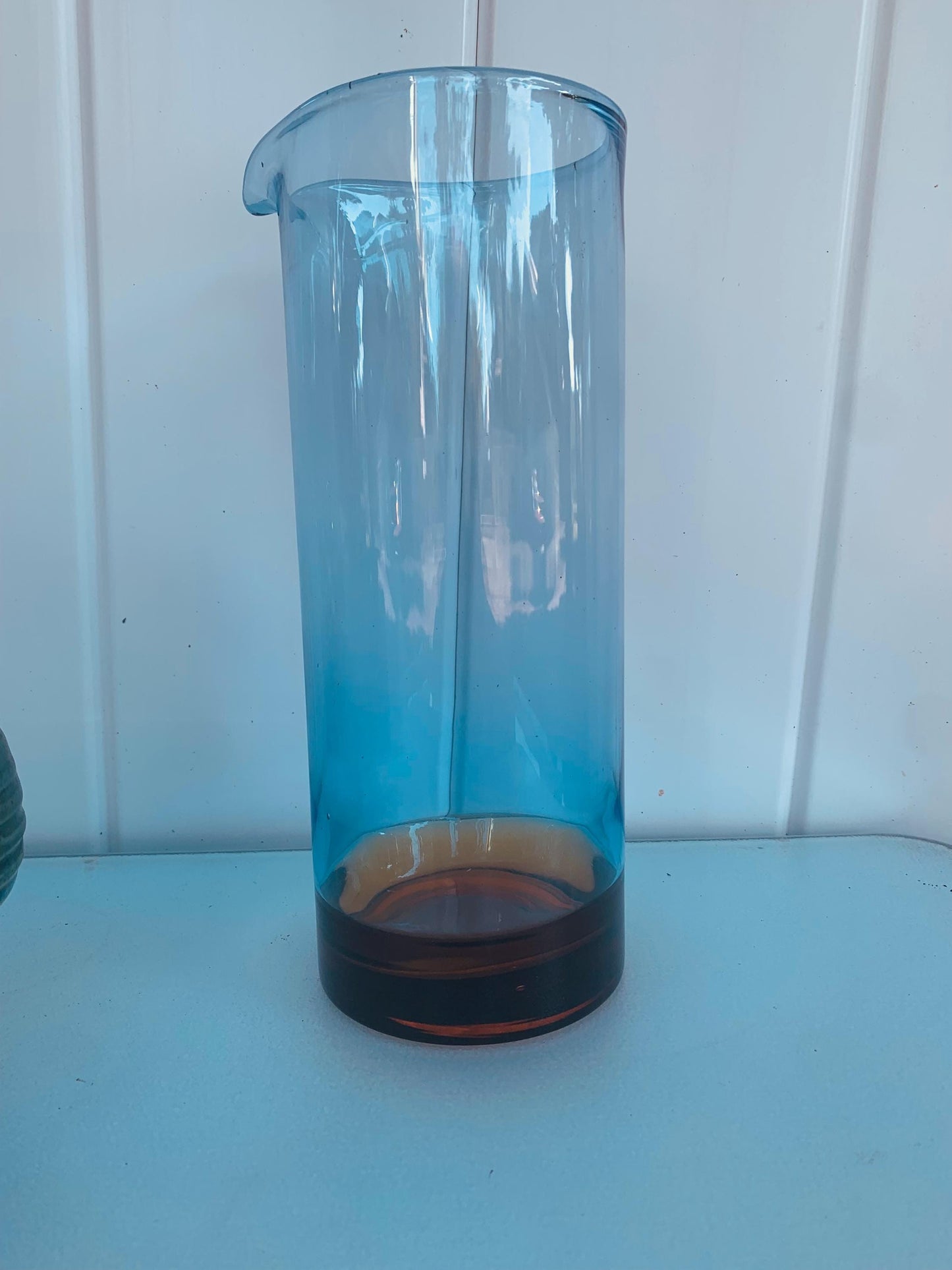 Tall Retro Blue Glass Martini Pitcher with Brown Base