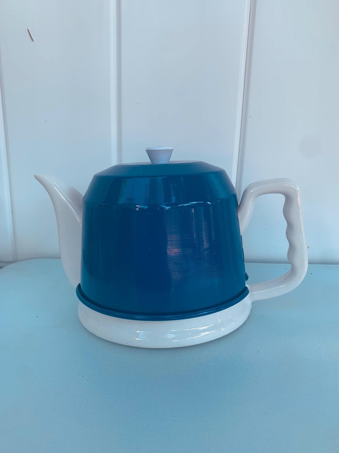 Vintage White Ceramic Teapot with  Removable Blush Coloured Metal Insulator Cover