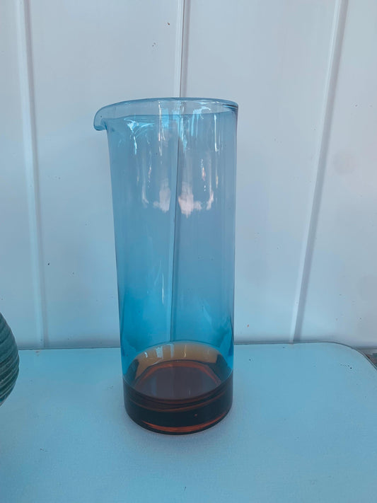 Tall Retro Blue Glass Martini Pitcher with Brown Base