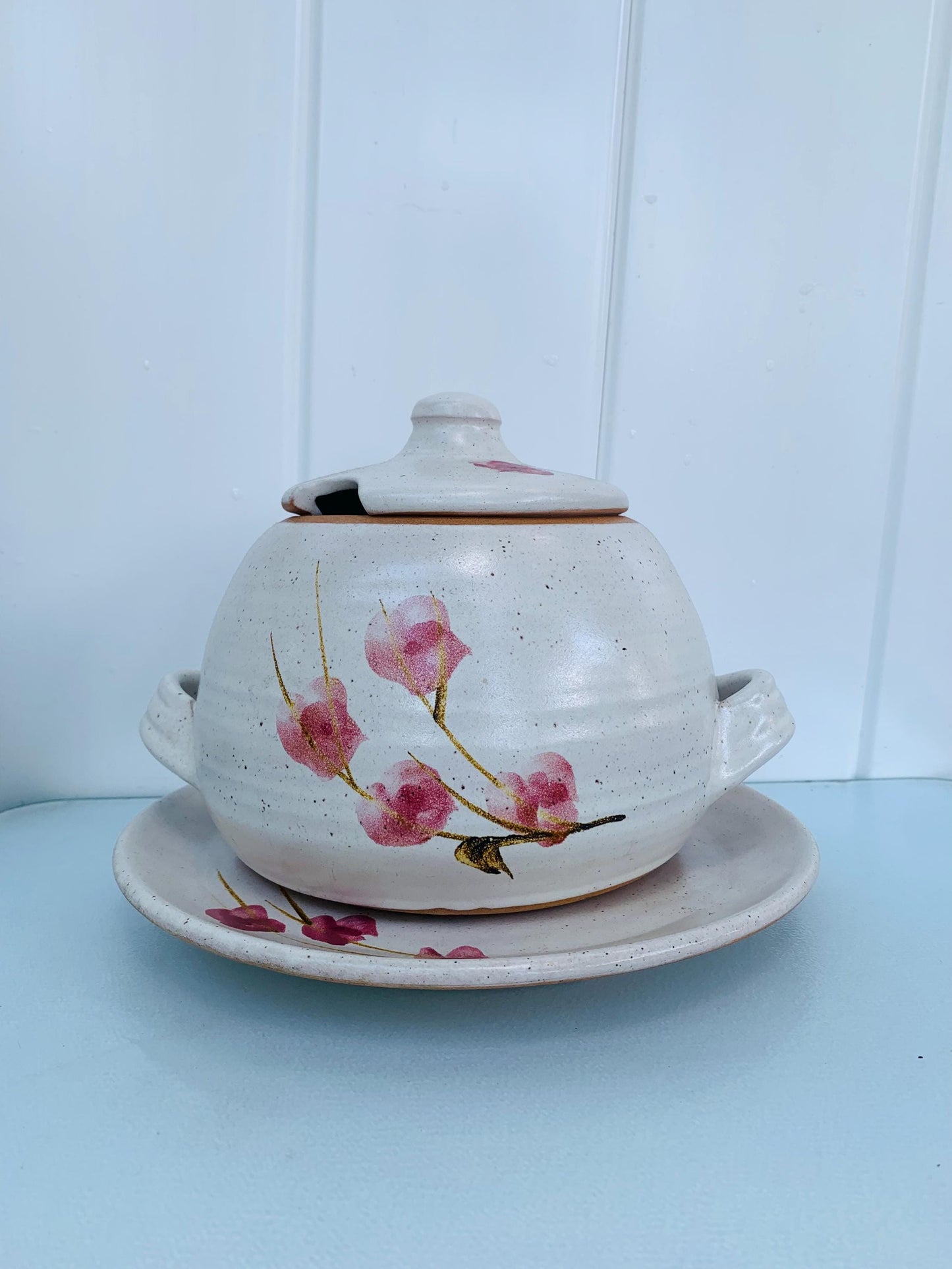 Handmade 2 Piece Natural Speckled Lidded Glazed Pottery Terrine with Pink Flowers and Plate