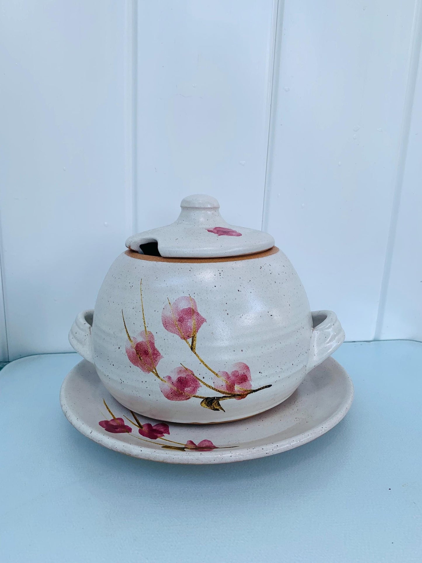 Handmade 2 Piece Natural Speckled Lidded Glazed Pottery Terrine with Pink Flowers and Plate
