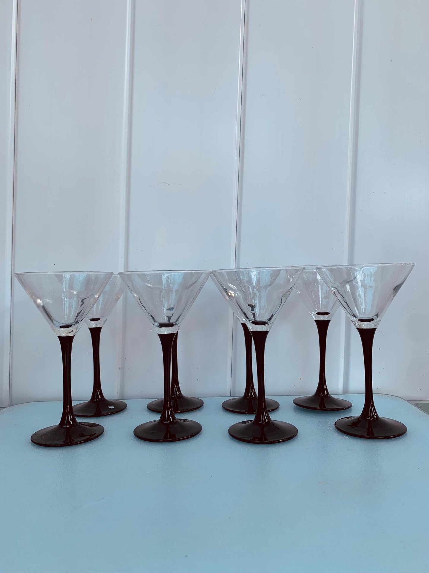 Retro Set of 8 Black Stem Petite Martini Glasses Made in France