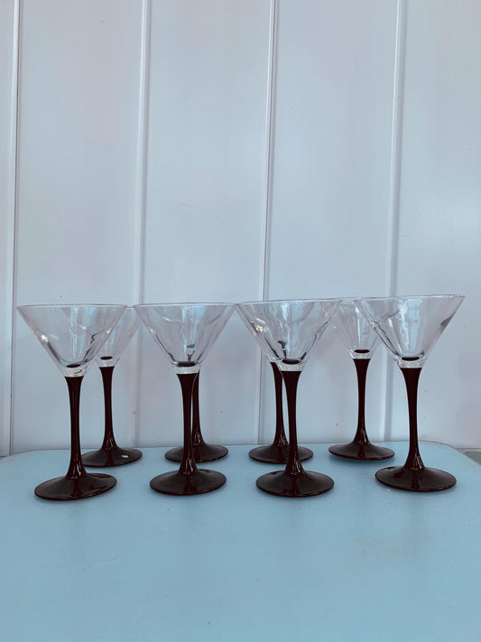 Retro Set of 8 Black Stem Petite Martini Glasses Made in France