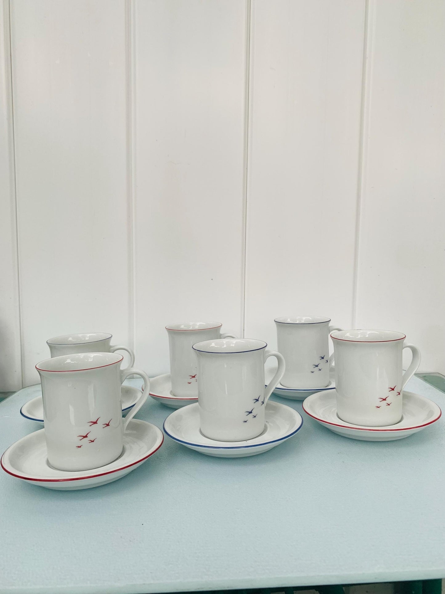 Set of 6 Eschenbach Red & Blue Bavaria Germany Seagull Espresso Cups and Saucers