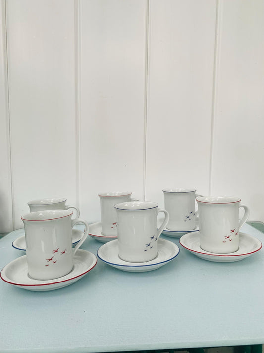 Set of 6 Eschenbach Red & Blue Bavaria Germany Seagull Espresso Cups and Saucers