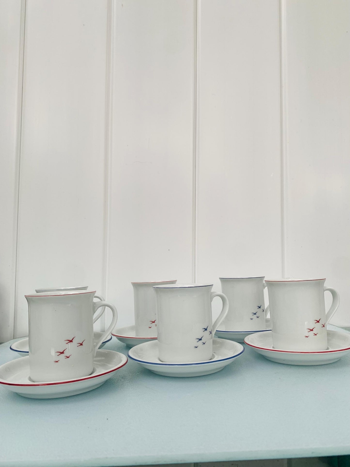 Set of 6 Eschenbach Red & Blue Bavaria Germany Seagull Espresso Cups and Saucers