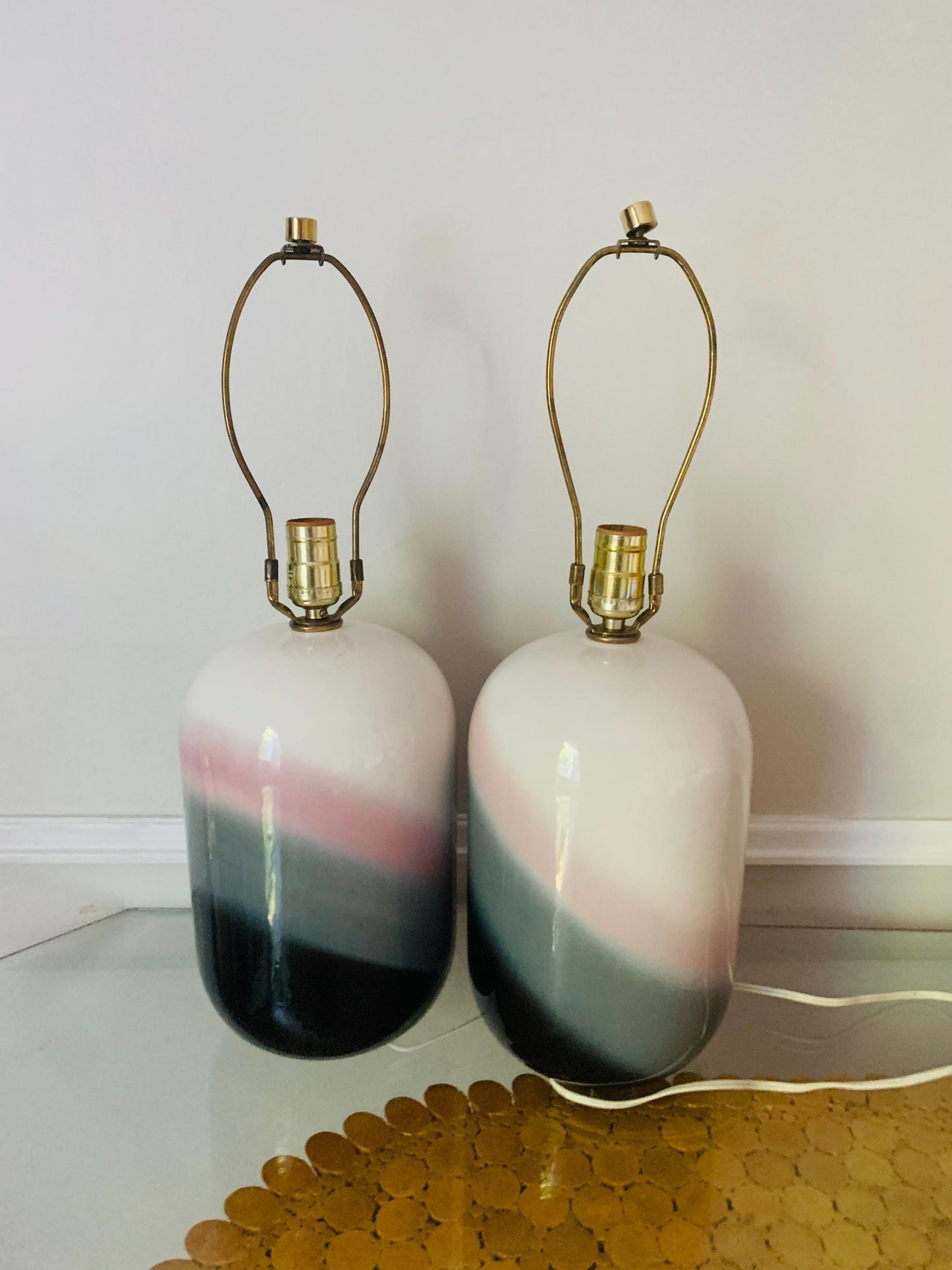 Pair of Retro Medium Pink Black and White Pill Shaped Ceramic Lamps No Shades