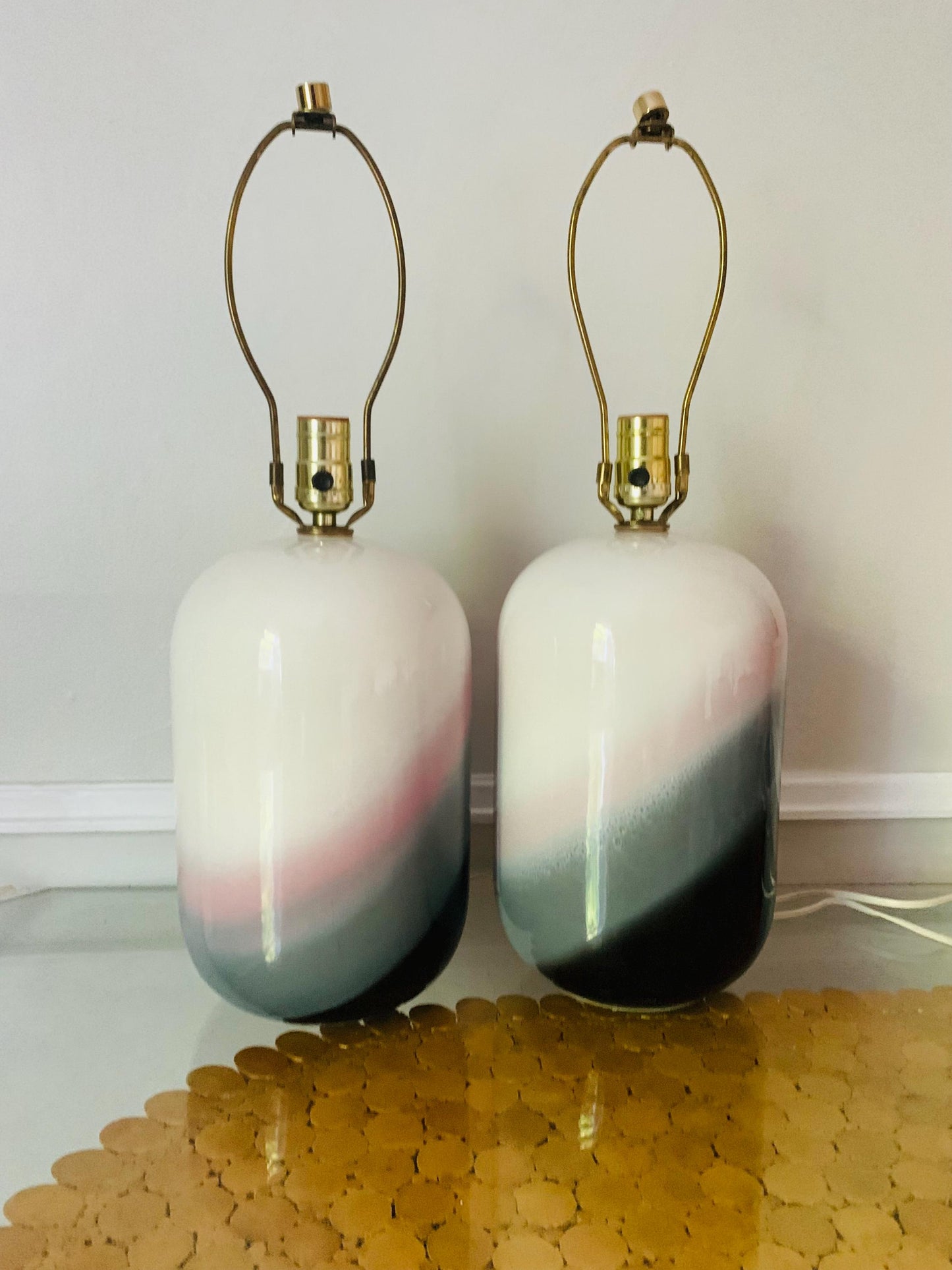 Pair of Retro Medium Pink Black and White Pill Shaped Ceramic Lamps No Shades