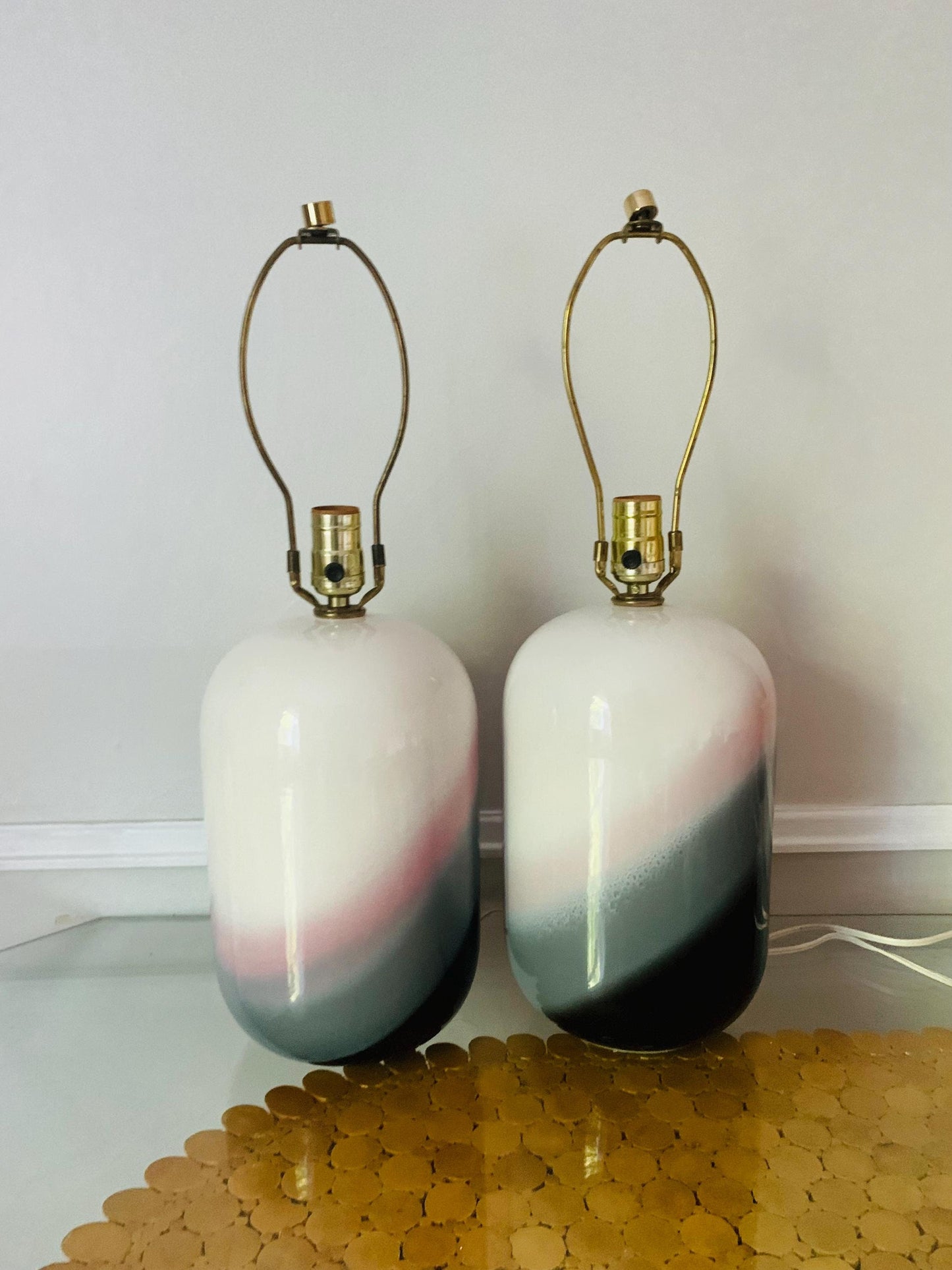 Pair of Retro Medium Pink Black and White Pill Shaped Ceramic Lamps No Shades