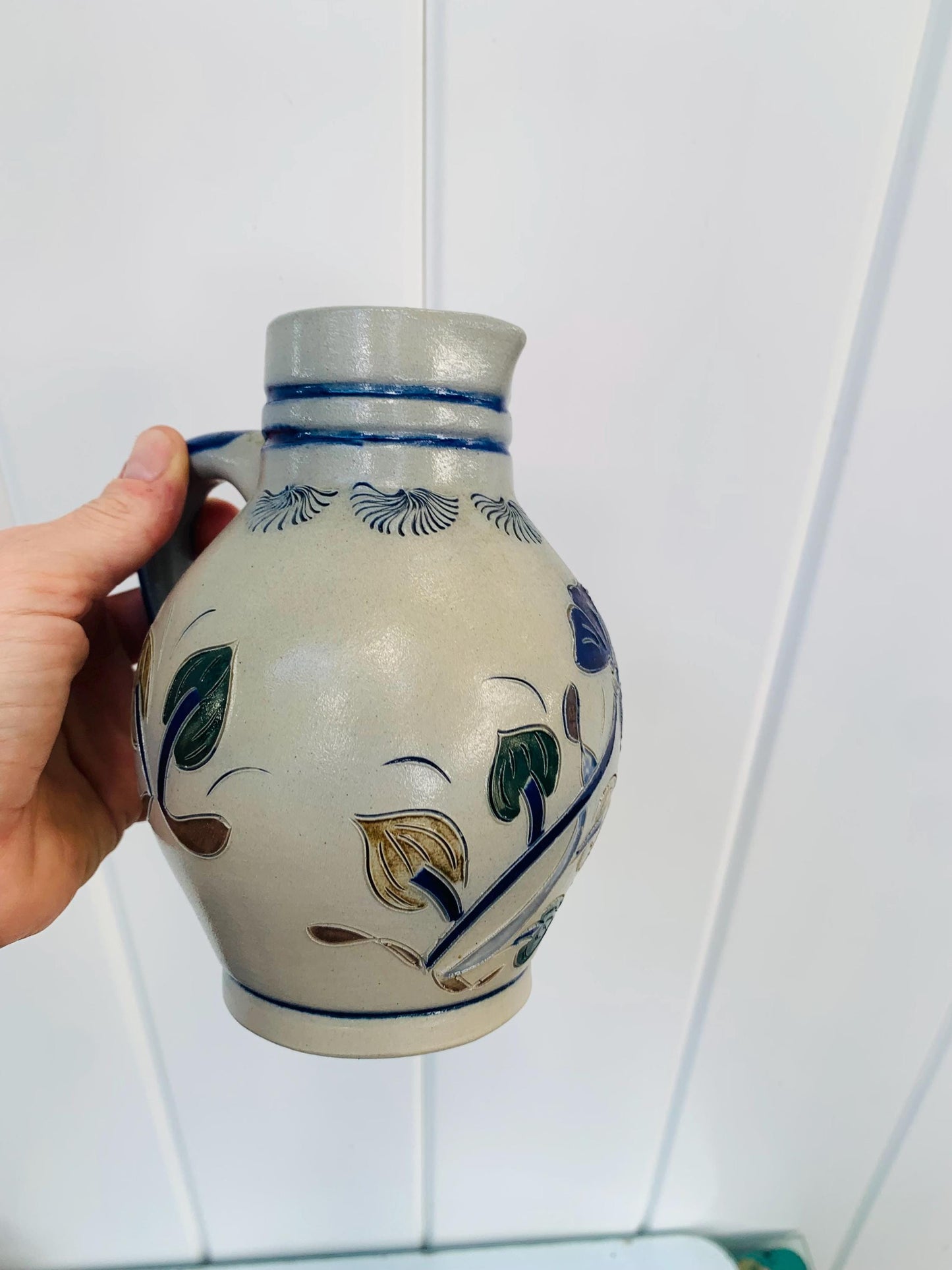Small Retro Girmscheid Salt Glazed Stoneware Cobalt Blue & Gray Pitcher