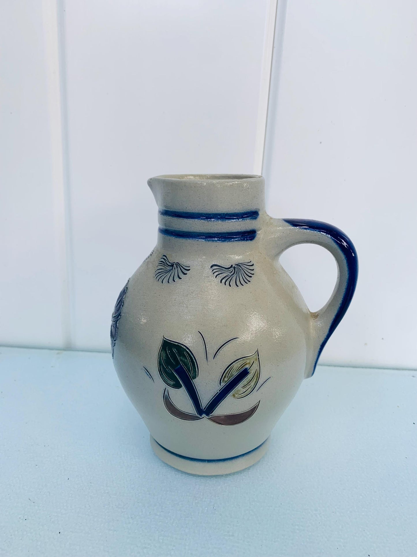 Small Retro Girmscheid Salt Glazed Stoneware Cobalt Blue & Gray Pitcher