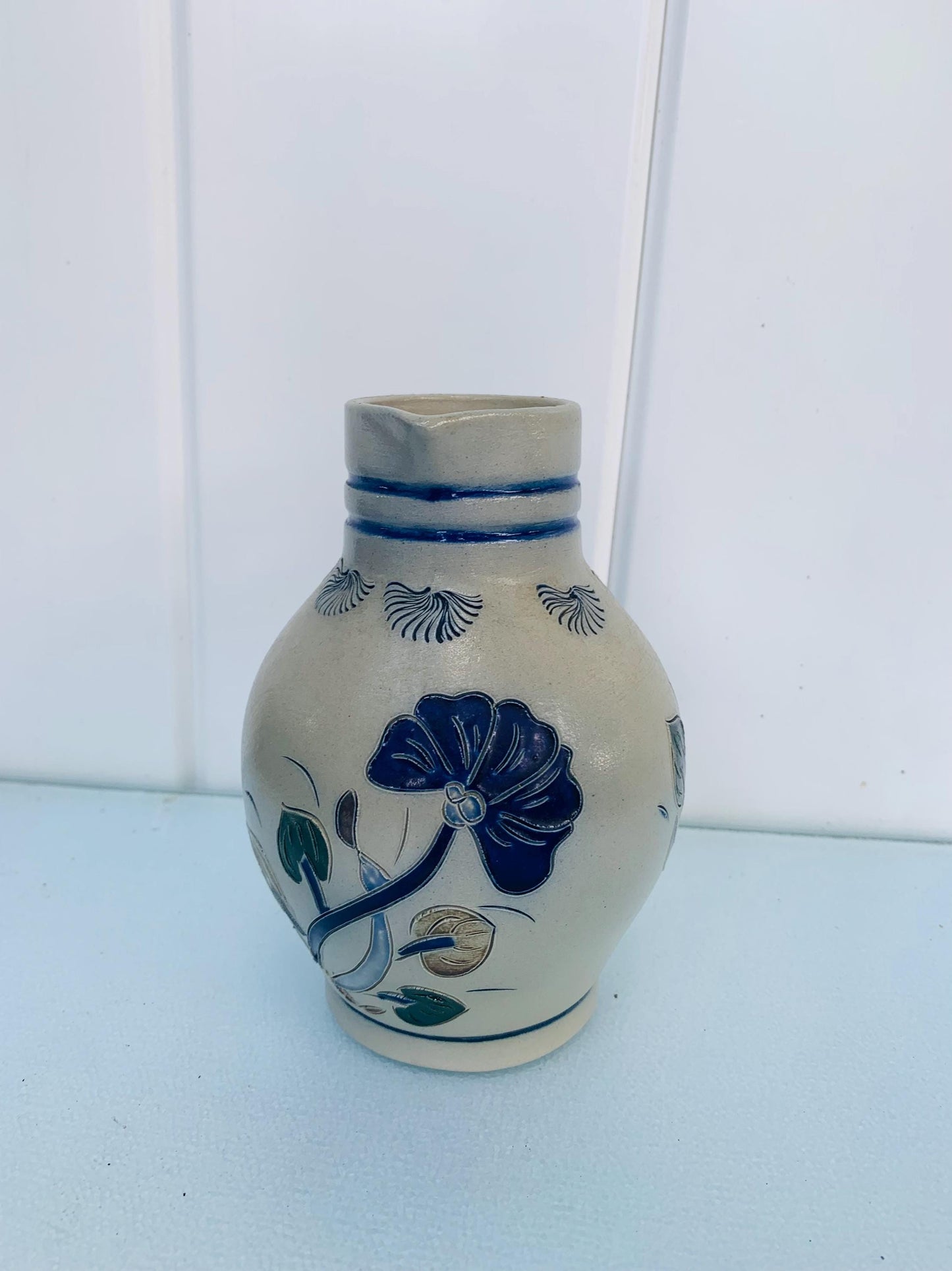 Small Retro Girmscheid Salt Glazed Stoneware Cobalt Blue & Gray Pitcher