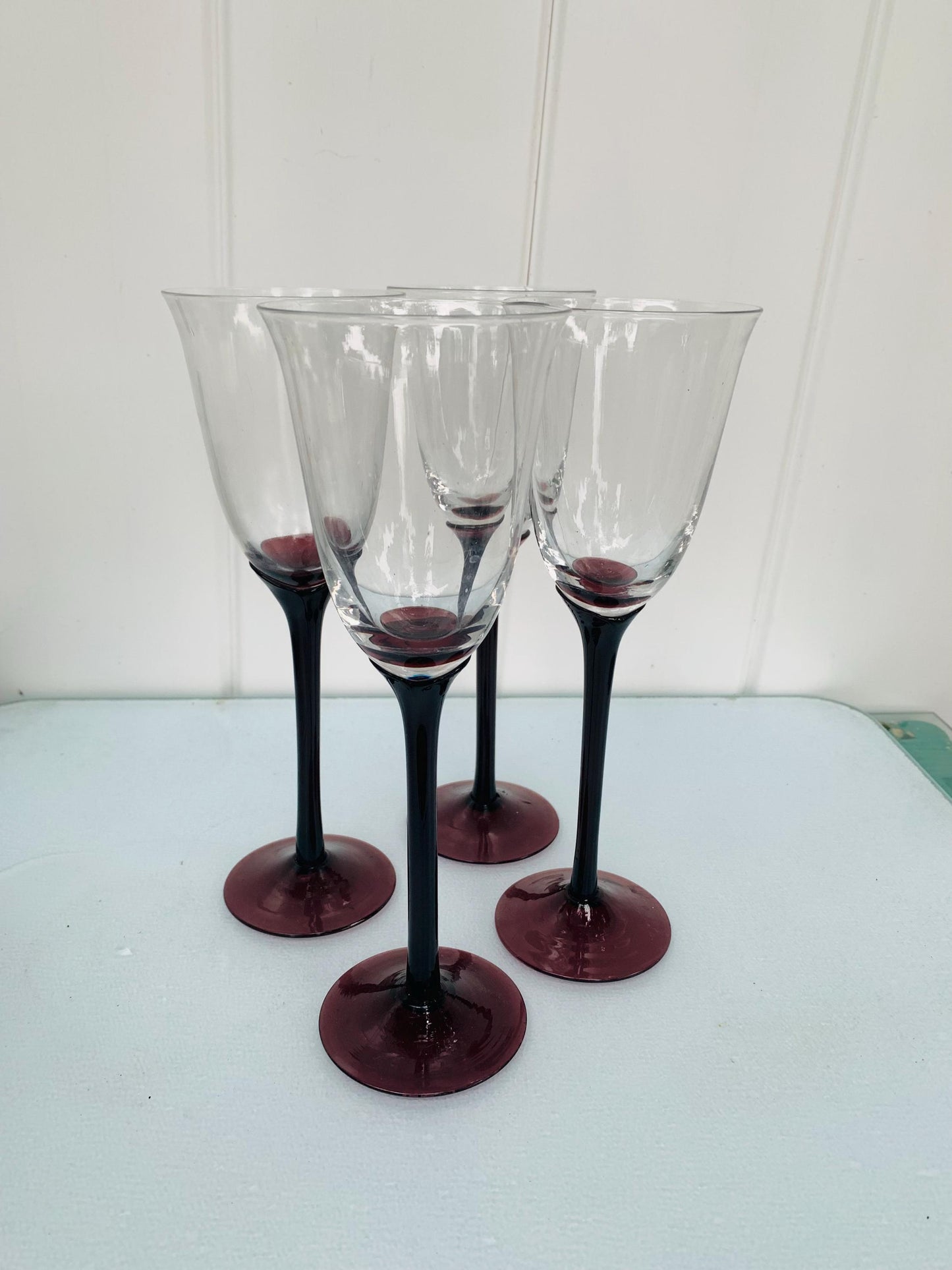Vintage Set of 4 Tall Amethyst Stem Wine Glasses