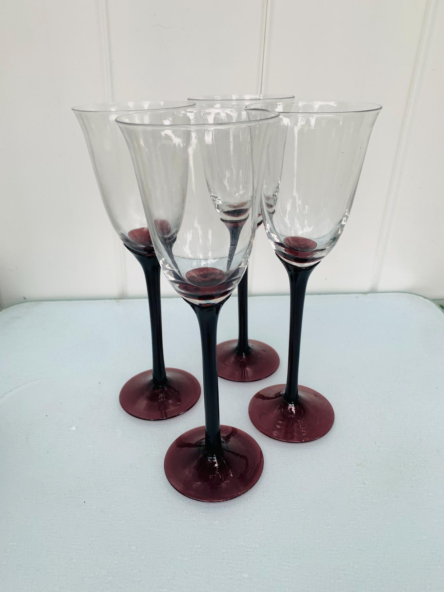 Vintage Set of 4 Tall Amethyst Stem Wine Glasses