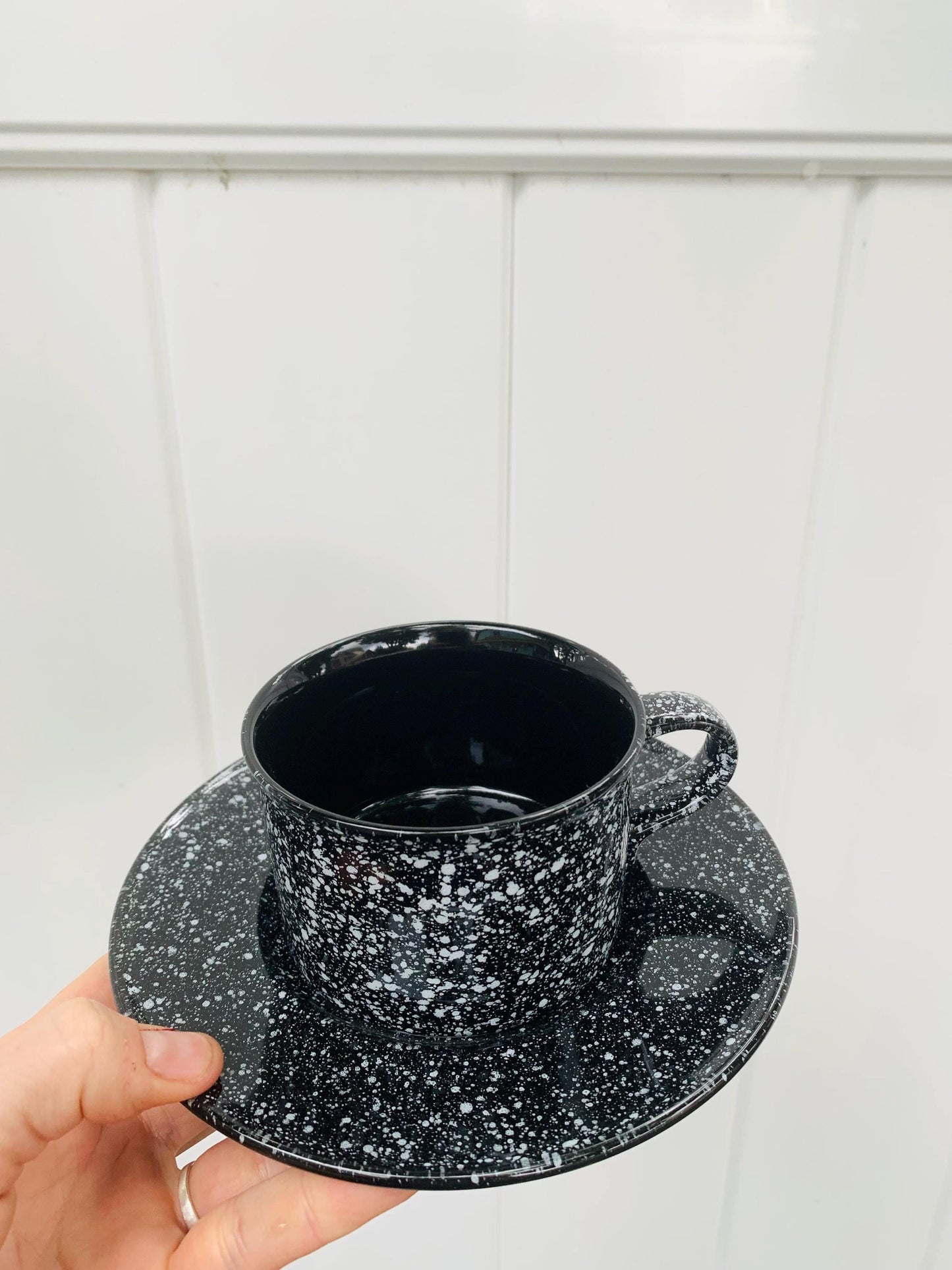 Set of 4 Retro Mikasa Black Spatter Ultrastone Cups and Saucers Made in Japan 4 Sets Available