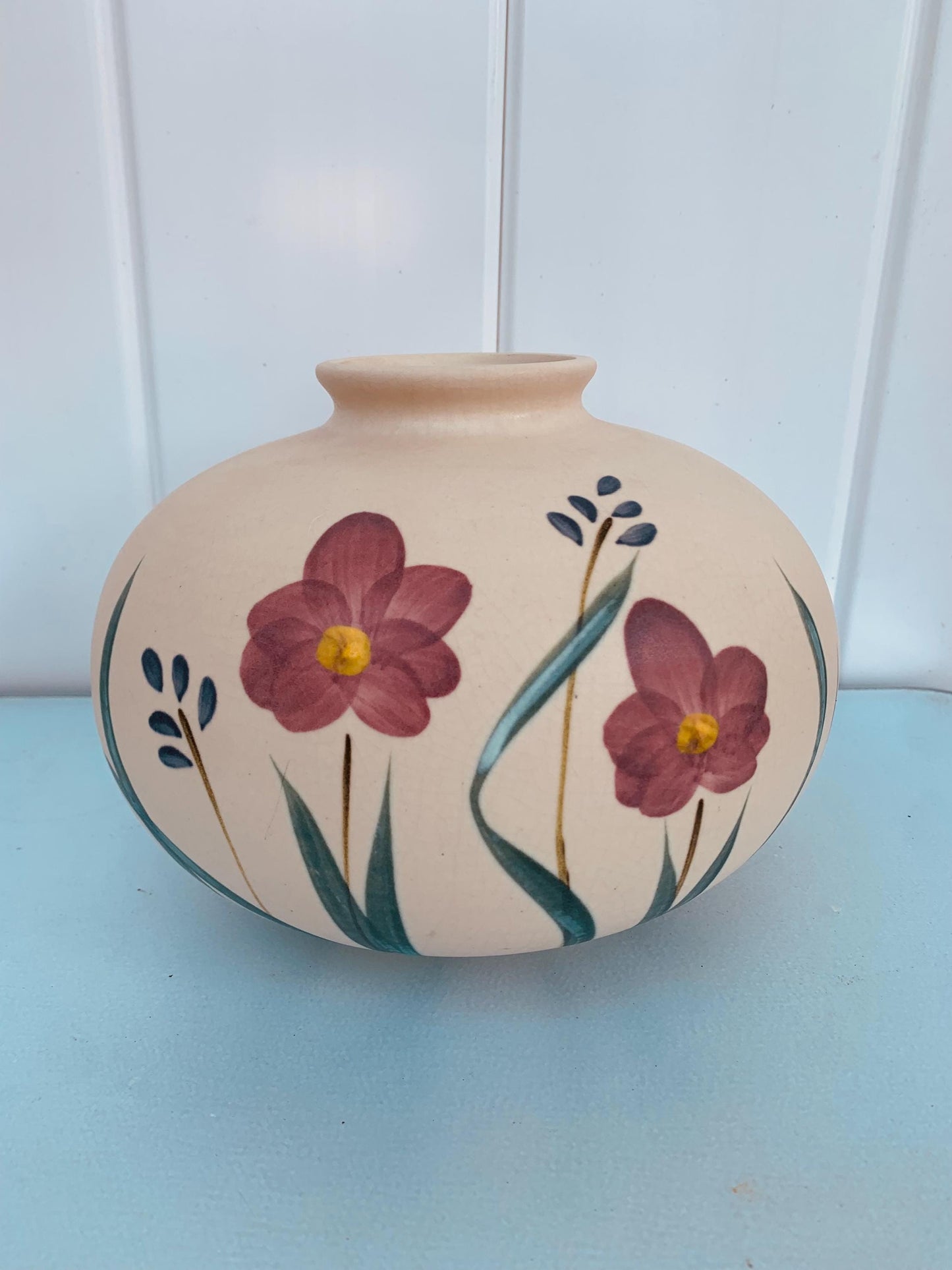Beautiful Medium Vintage Laurentienne St Jerome Hand Painted Round  Pottery Vase Made in Canada