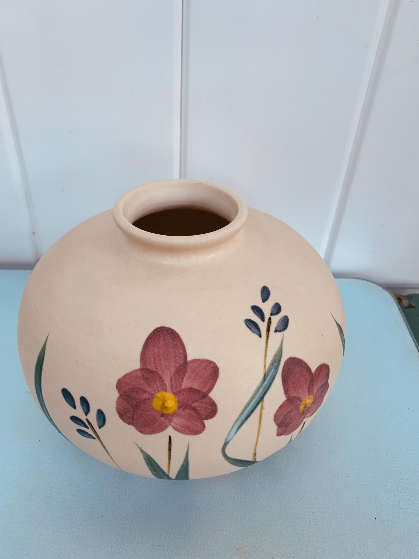 Beautiful Medium Vintage Laurentienne St Jerome Hand Painted Round  Pottery Vase Made in Canada