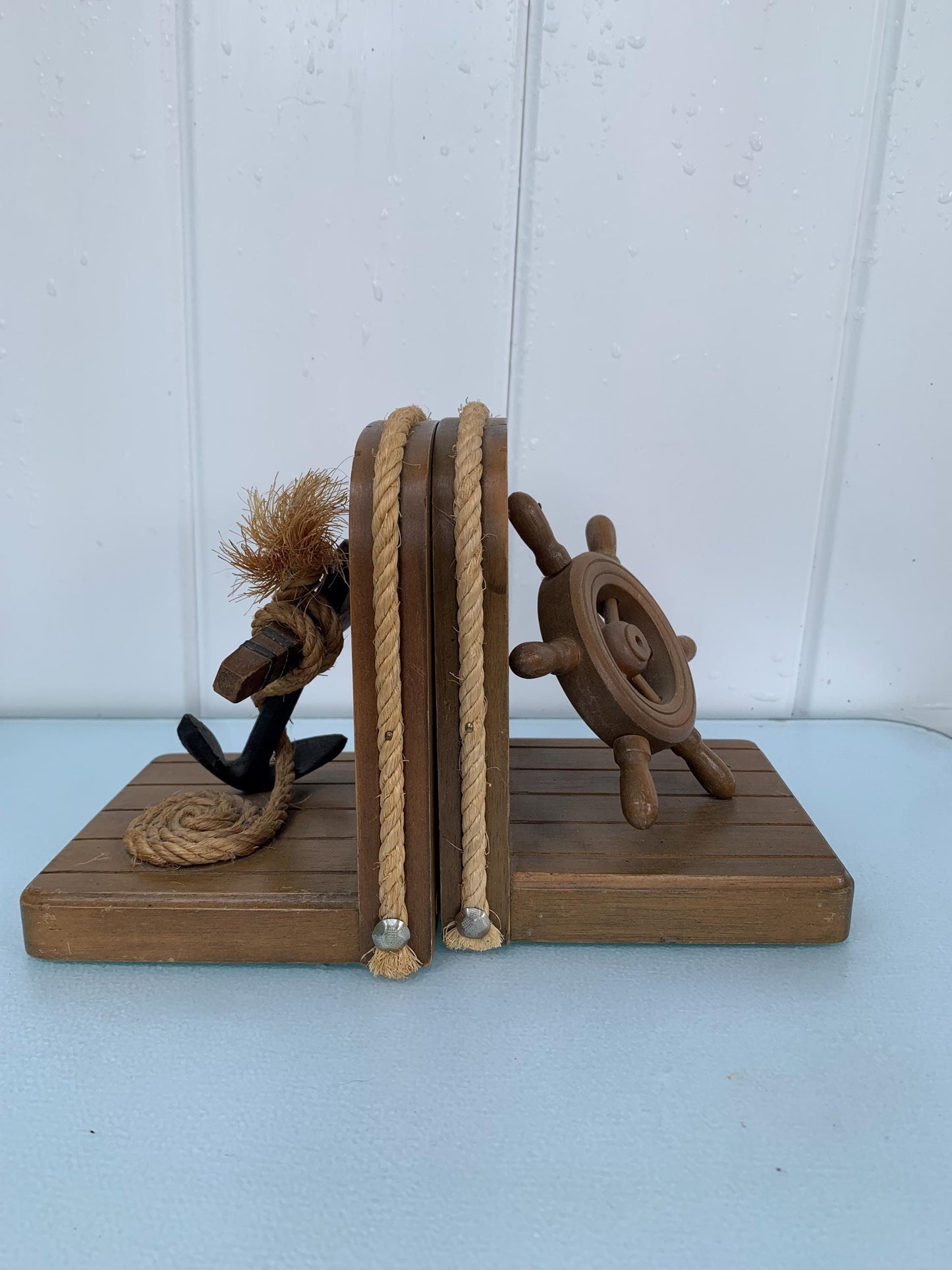 MCM Anchor & Ship Wheel Wooden Bookends