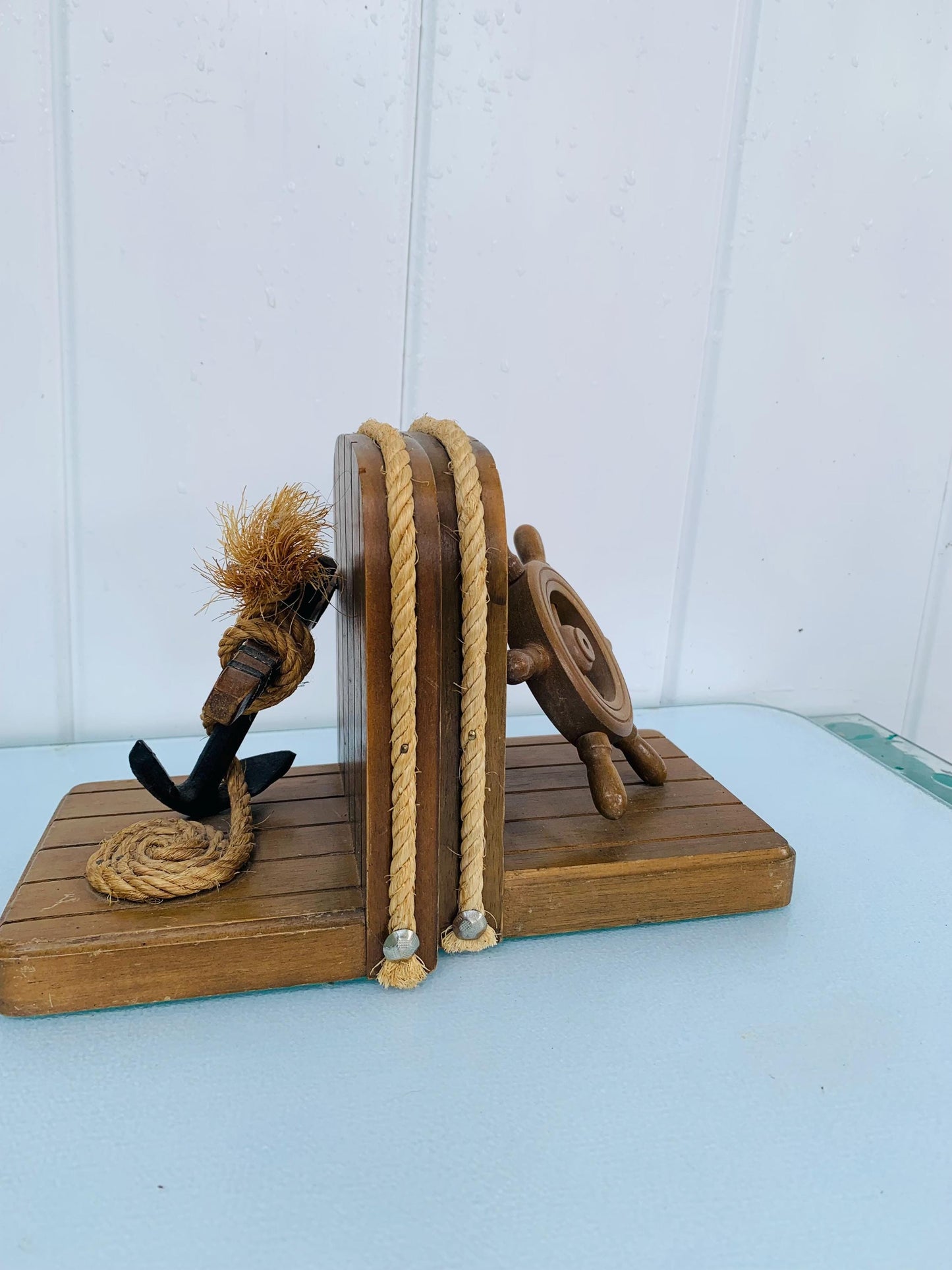 MCM Anchor & Ship Wheel Wooden Bookends