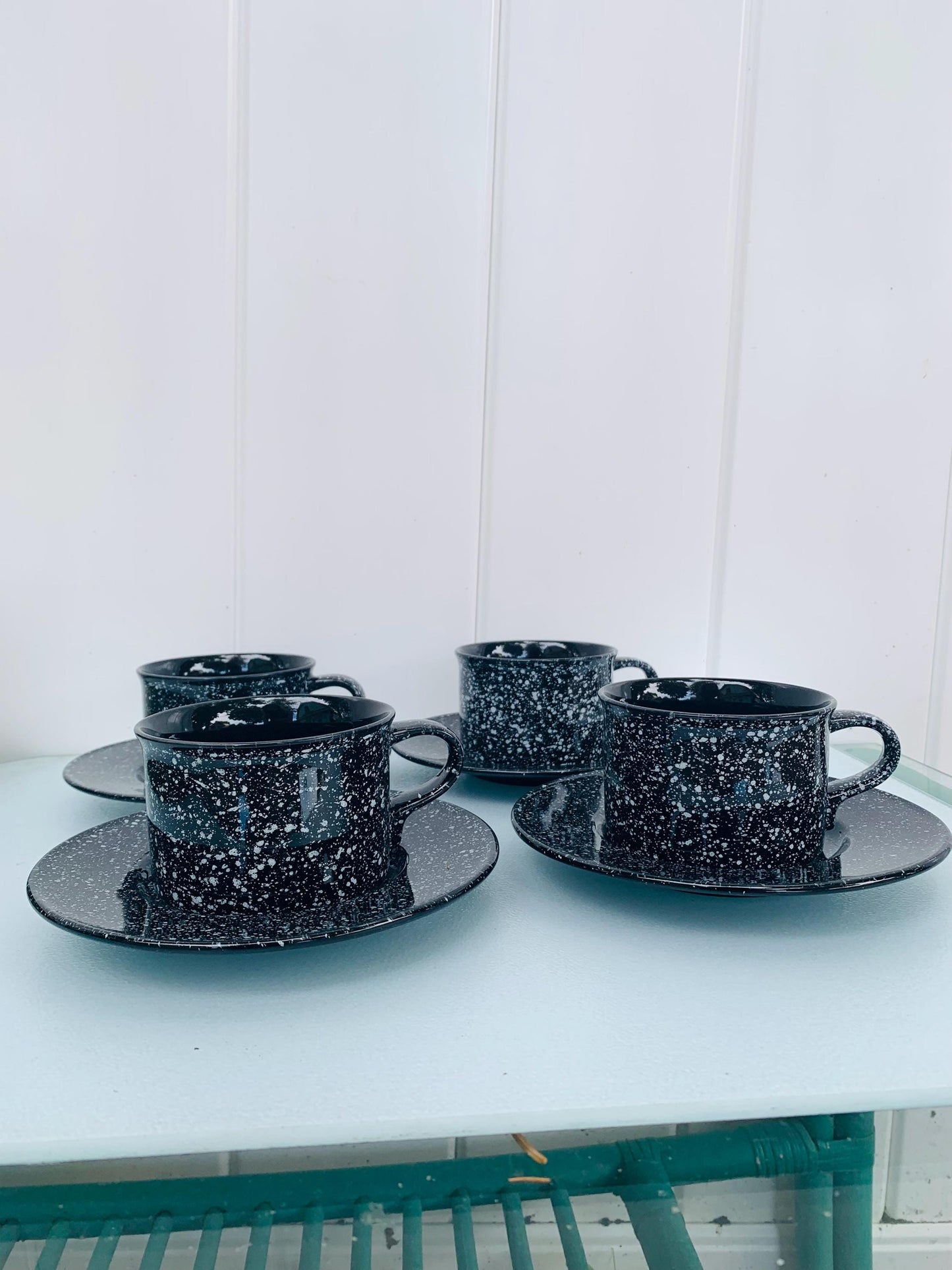 Set of 4 Retro Mikasa Black Spatter Ultrastone Cups and Saucers Made in Japan 4 Sets Available