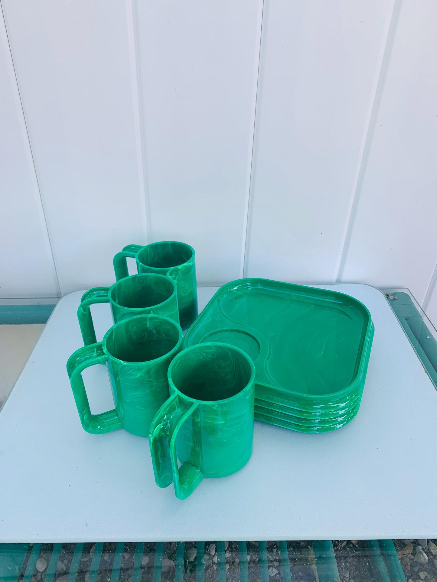 Vintage Set of 8 Marbled Green Sheino Industries Inc Plates and Mugs Made in USA