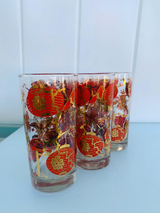 MCM Set of 6 Dominion Red and Gold Lantern Glass Tumblers