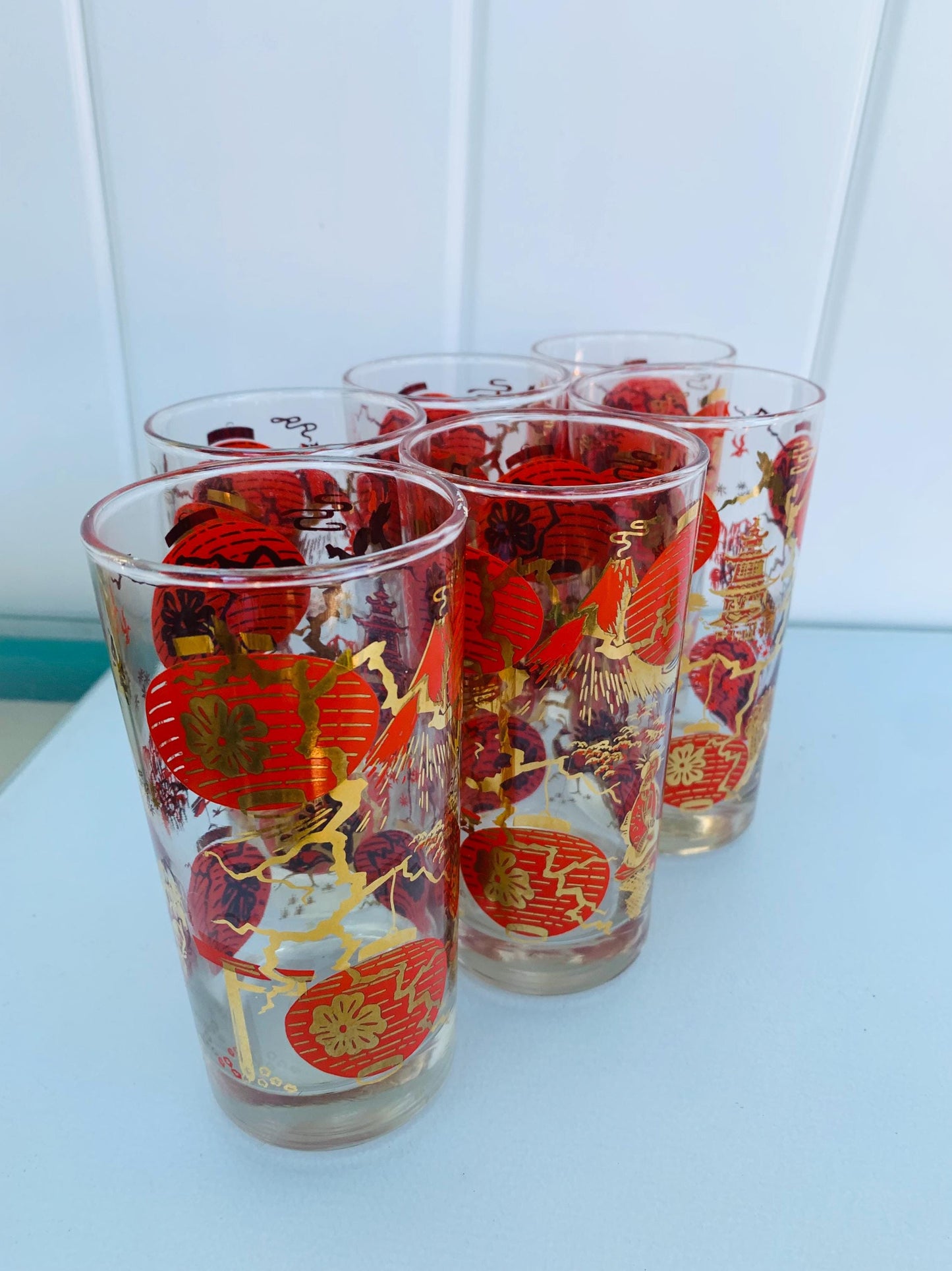 MCM Set of 6 Dominion Red and Gold Lantern Glass Tumblers
