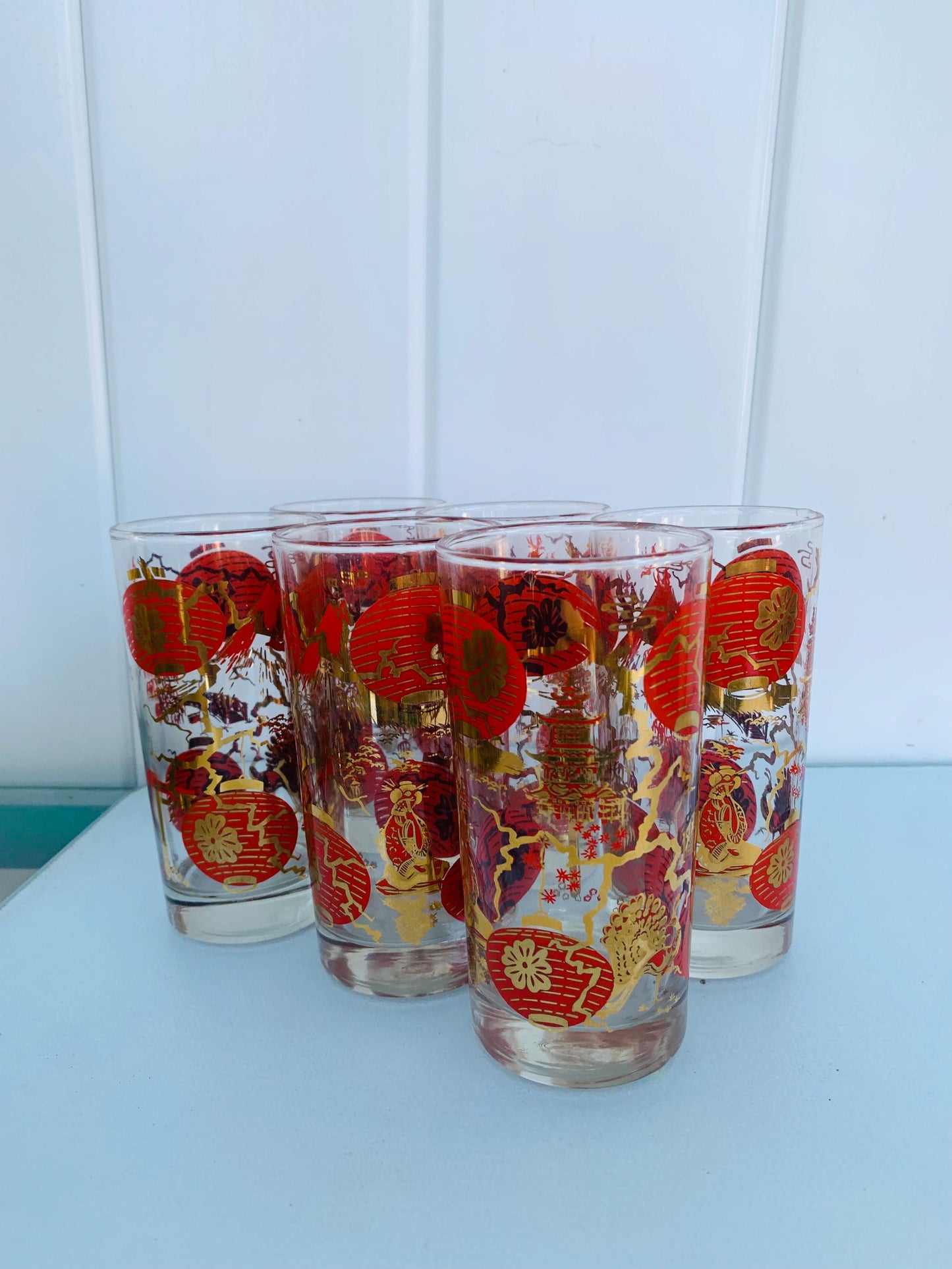 MCM Set of 6 Dominion Red and Gold Lantern Glass Tumblers