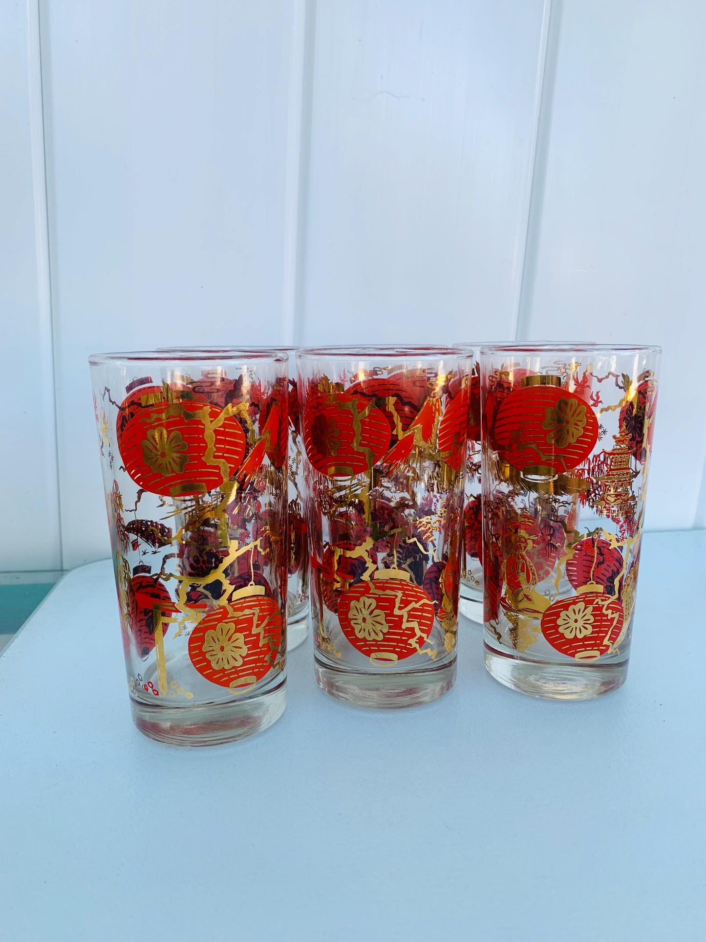 MCM Set of 6 Dominion Red and Gold Lantern Glass Tumblers
