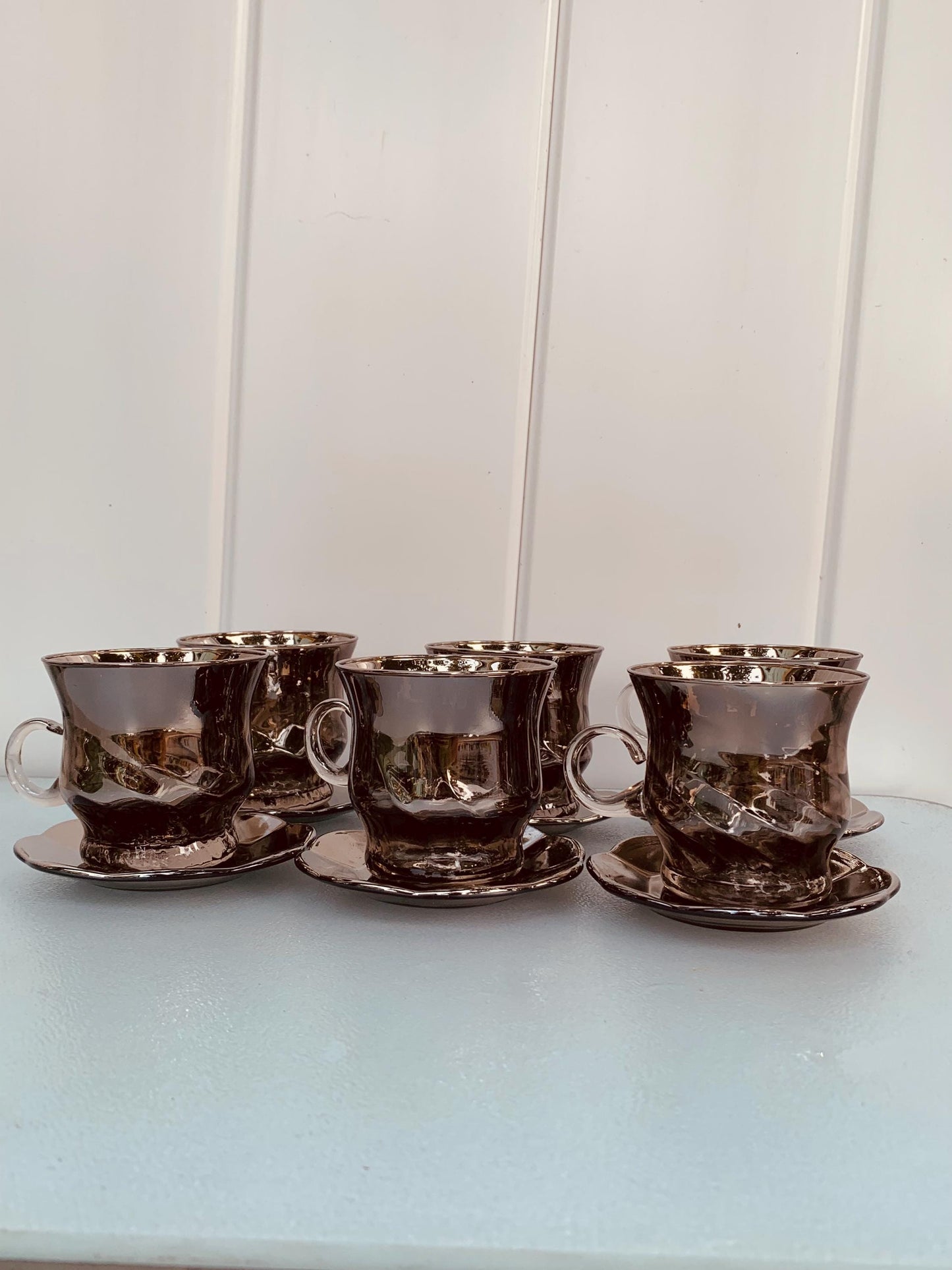 Set of 6 Vintage Silver Fade Glass Cups & Saucers