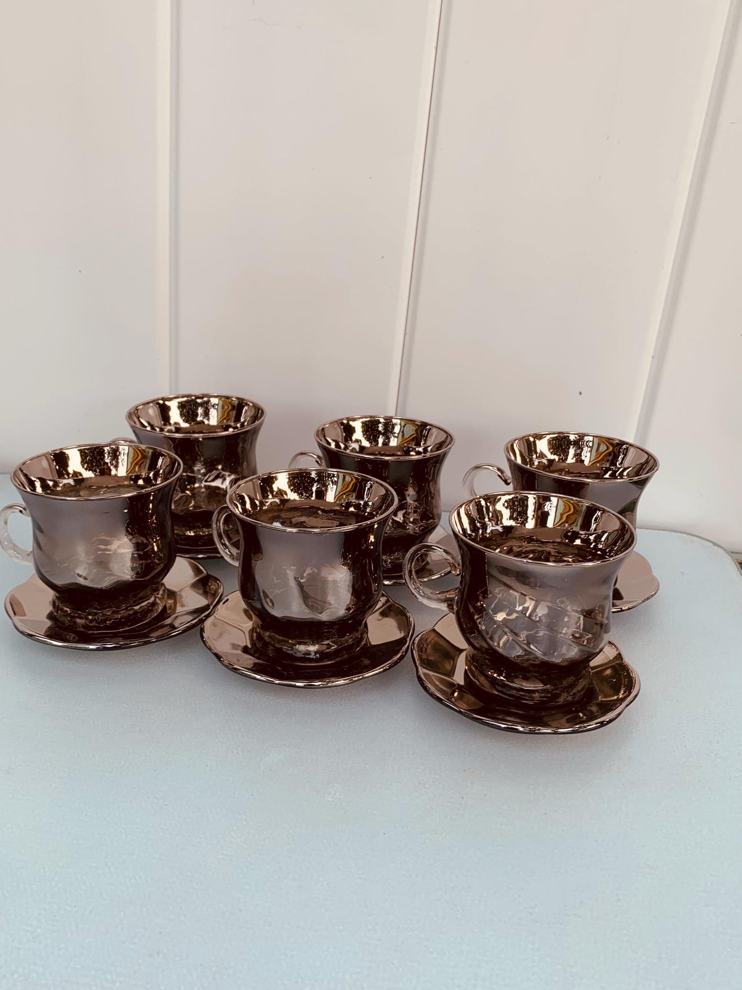 Set of 6 Vintage Silver Fade Glass Cups & Saucers