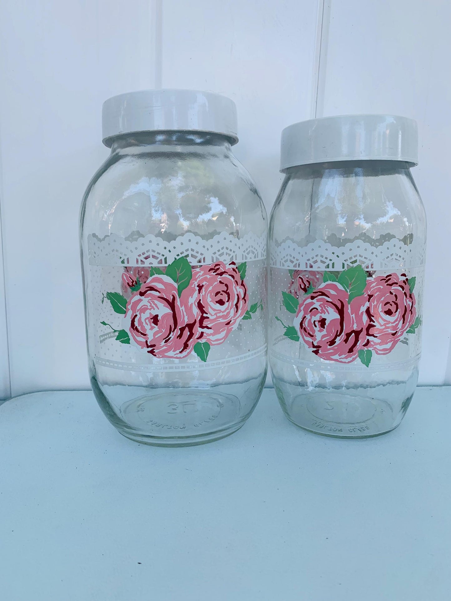 Pair of Tall Retro Carlton Glass Floral 2L and 3 L Jars with White Lid Made in USA
