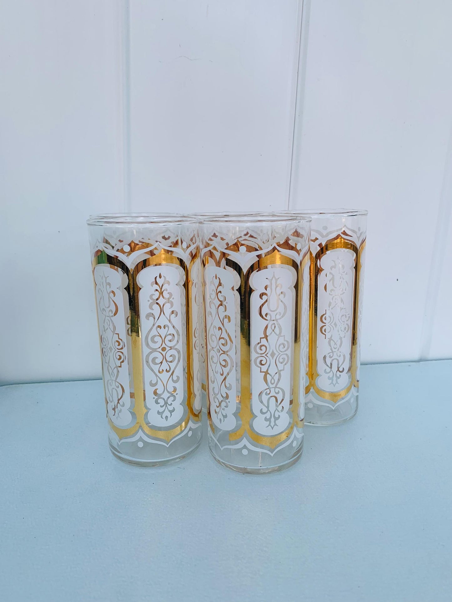 MCM Set of 5 Gold & White Glass Tumblers