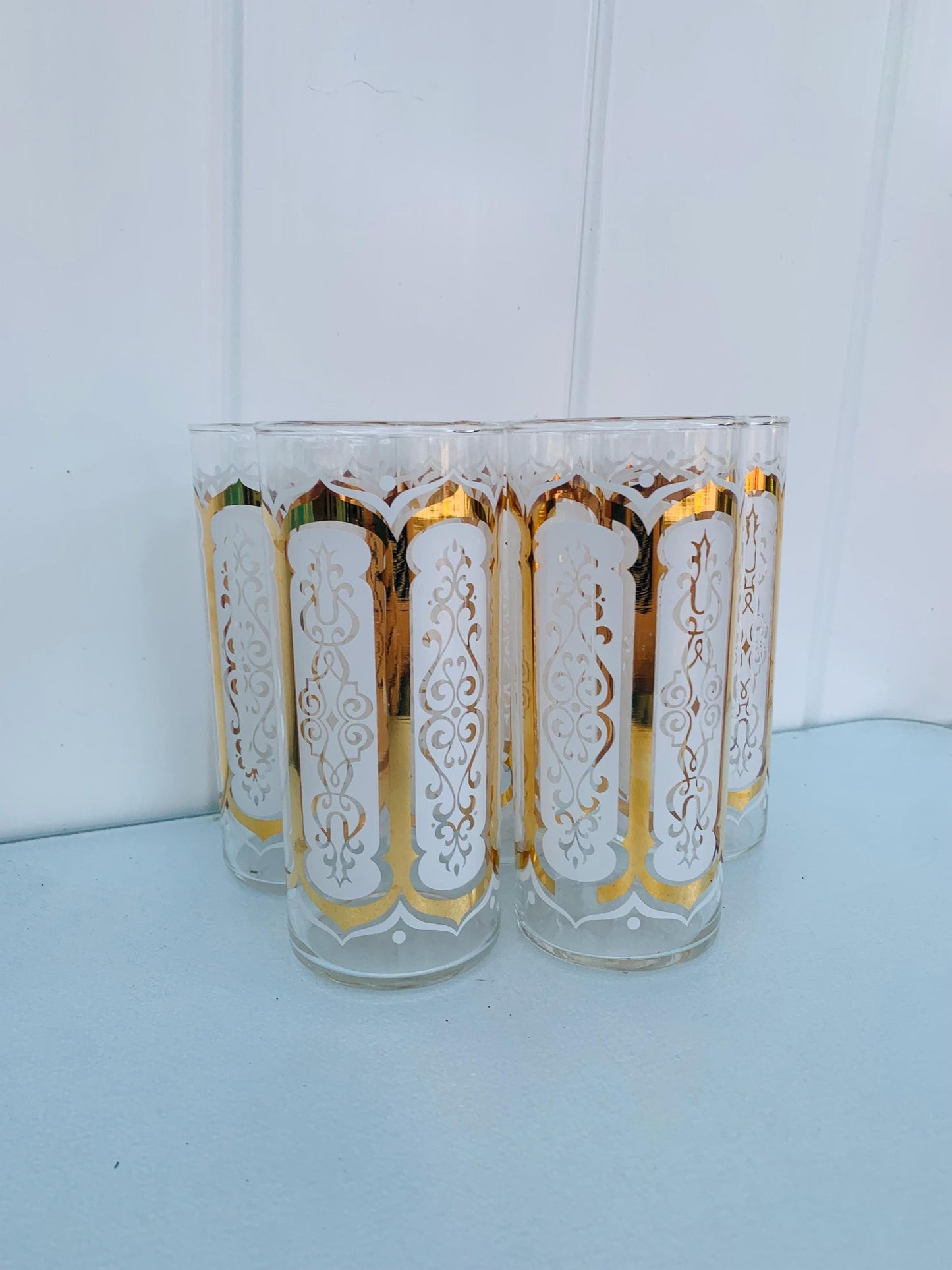 MCM Set of 5 Gold & White Glass Tumblers