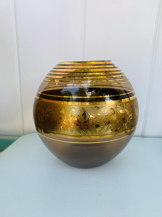 Vintage Medium Smokey Brown Round Glass Vase with Gold Detail
