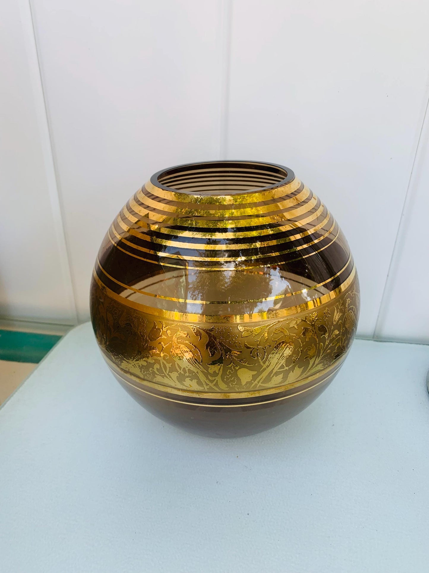 Vintage Medium Smokey Brown Round Glass Vase with Gold Detail