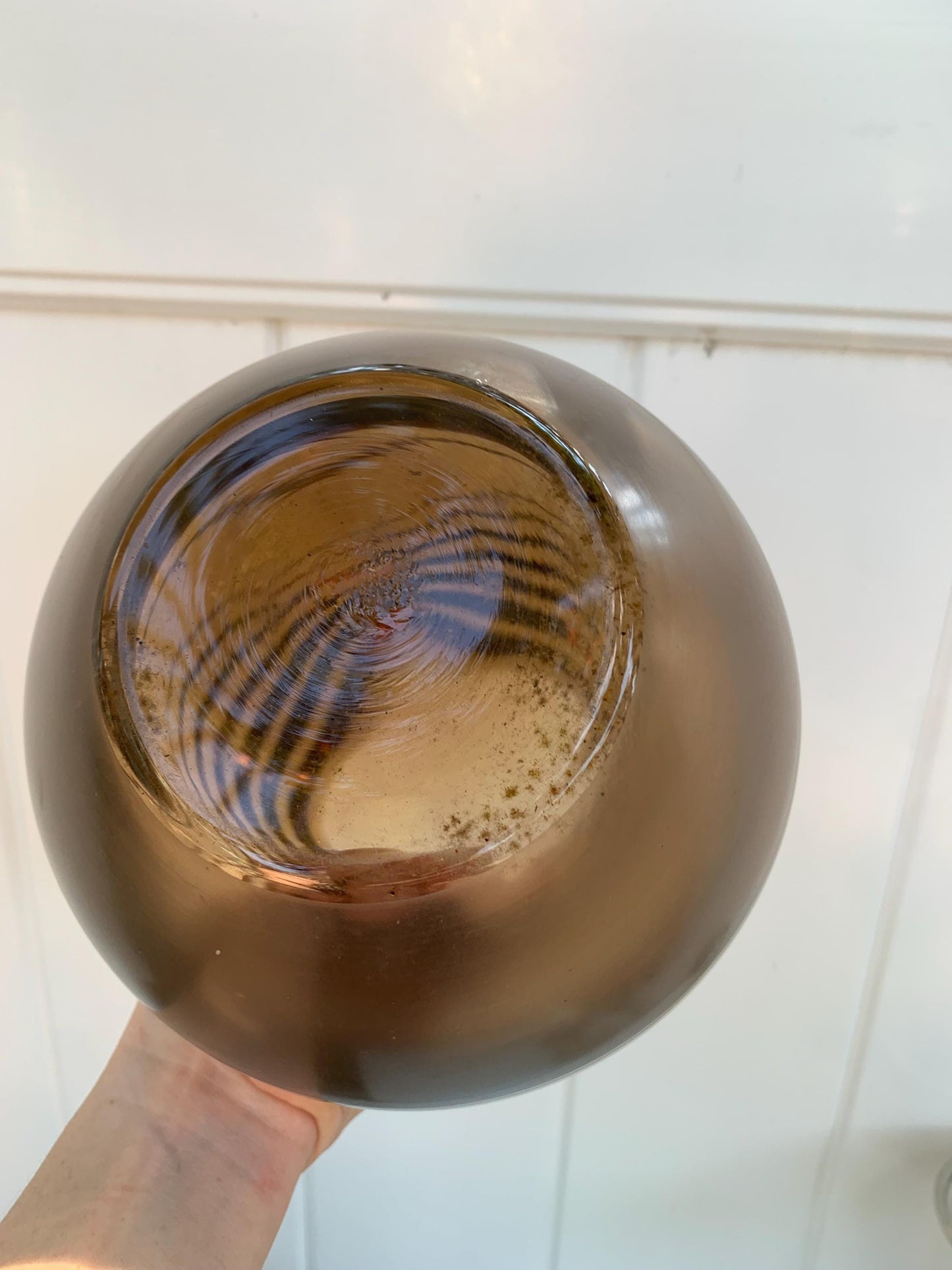 Vintage Medium Smokey Brown Round Glass Vase with Gold Detail