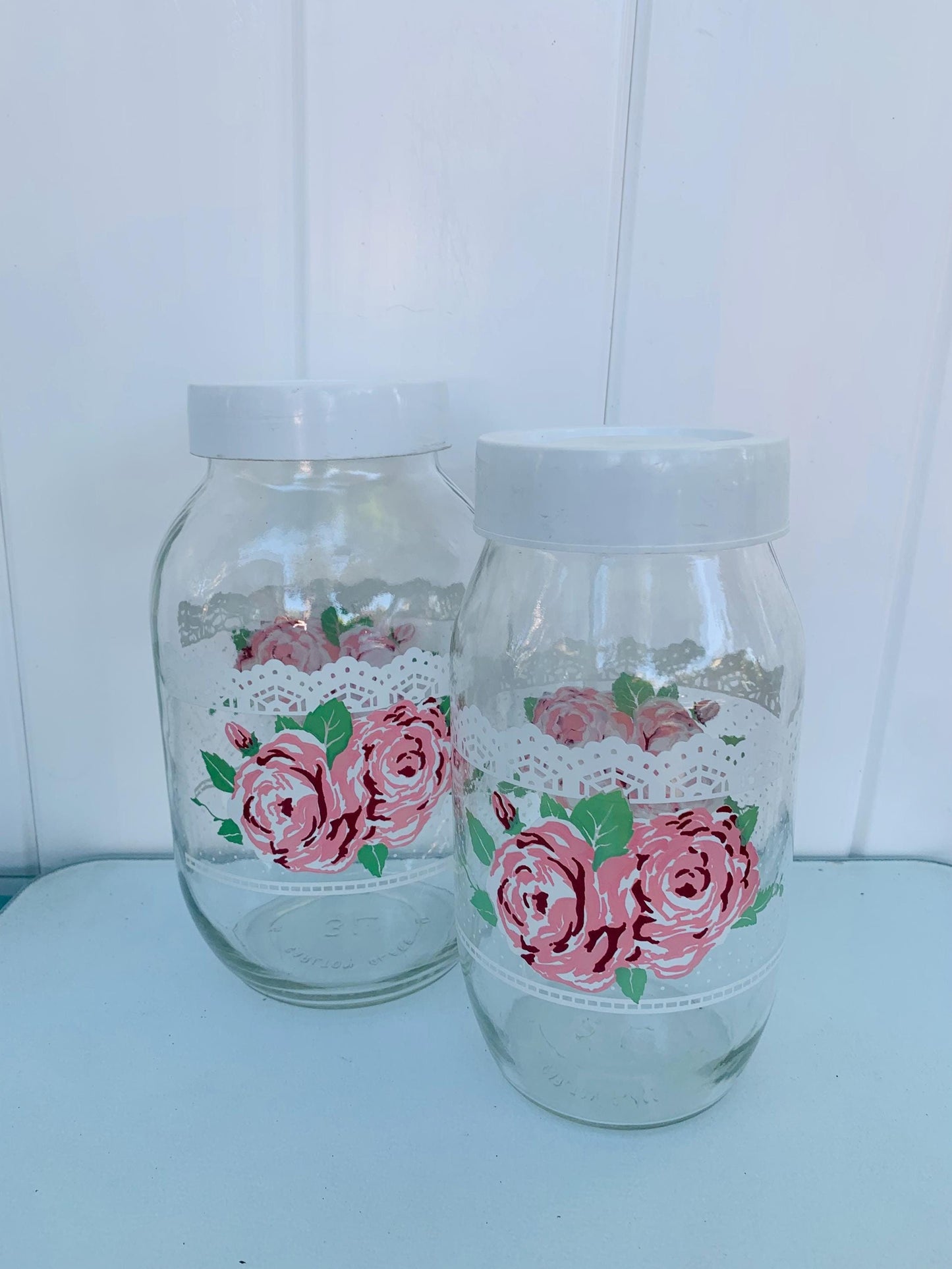 Pair of Tall Retro Carlton Glass Floral 2L and 3 L Jars with White Lid Made in USA