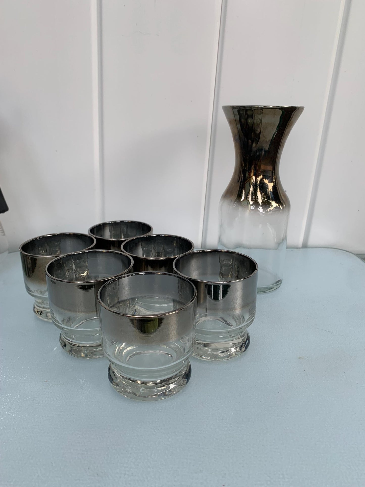 Set of 6 Low Ball MCM  Silver Fade Glasses with Decanter