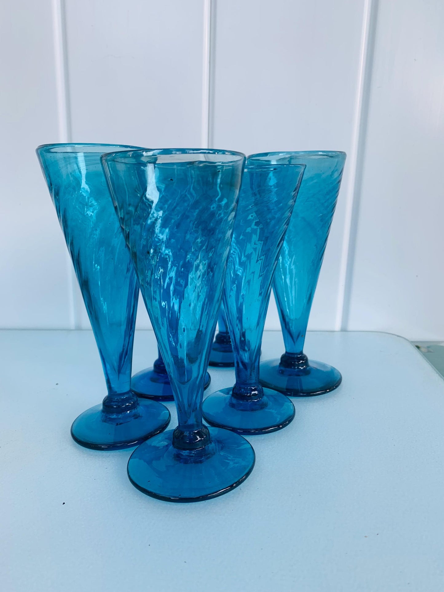 Set of 6 Handblown Blueberry Glass Swirl Wine Glasses