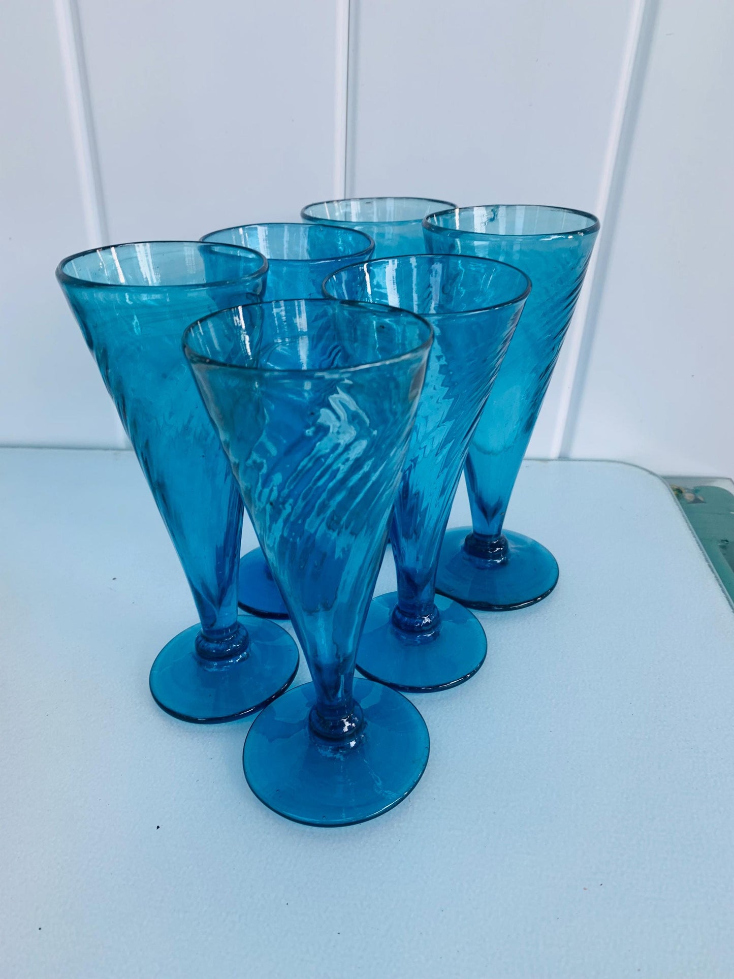 Set of 6 Handblown Blueberry Glass Swirl Wine Glasses