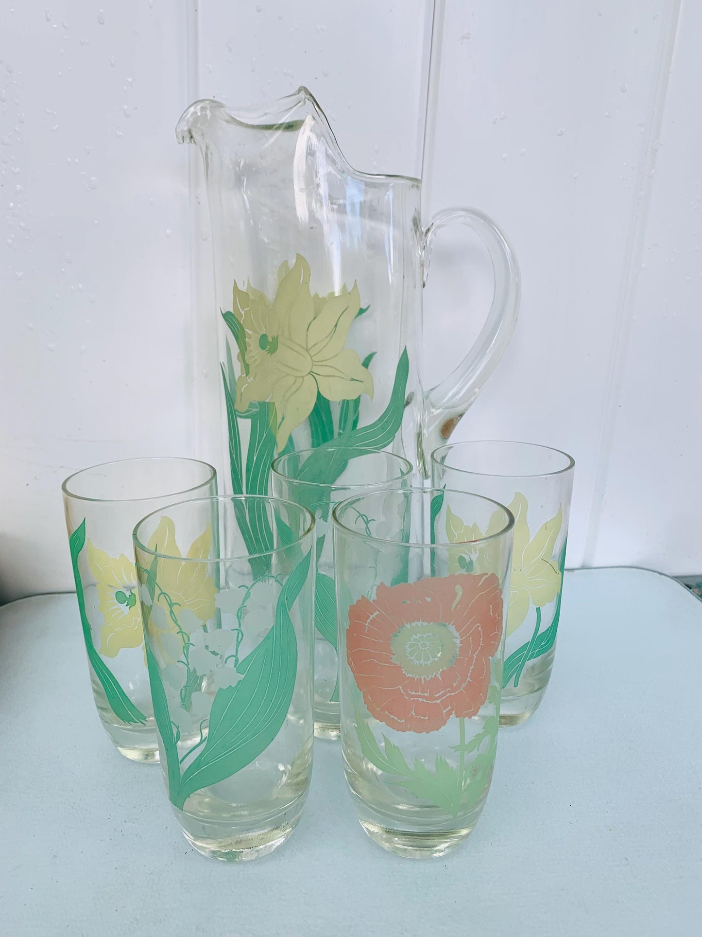 Vintage Set of 5 Floral Glasses with Tall Pitcher
