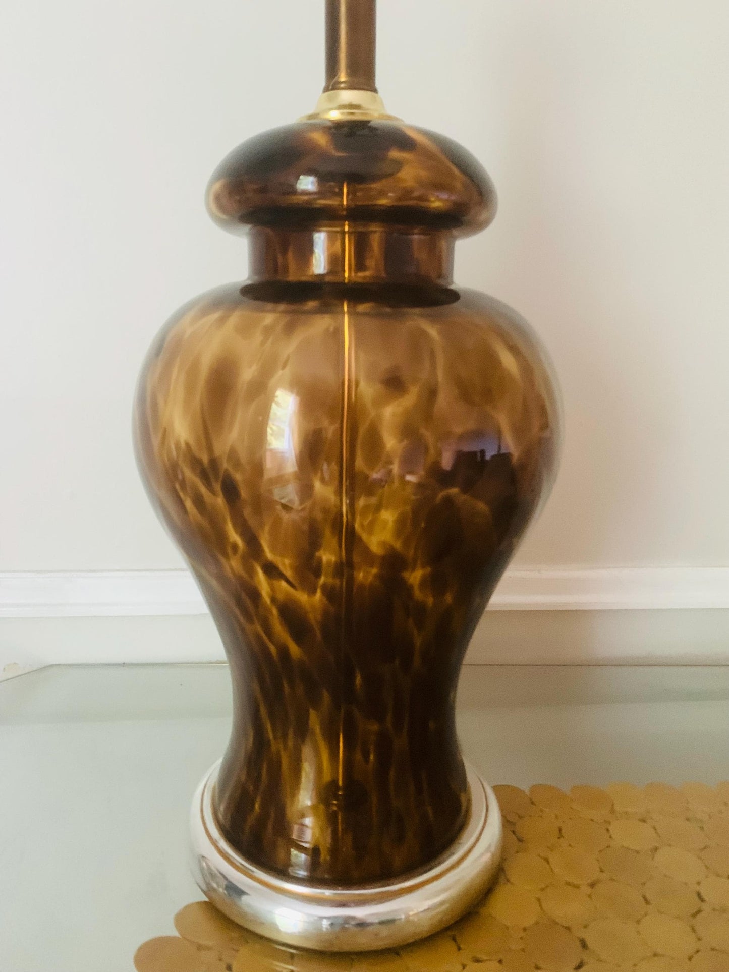Vintage Large Glass Tortoise Shell Ginger Jar Lamp with Brass Base No Shade