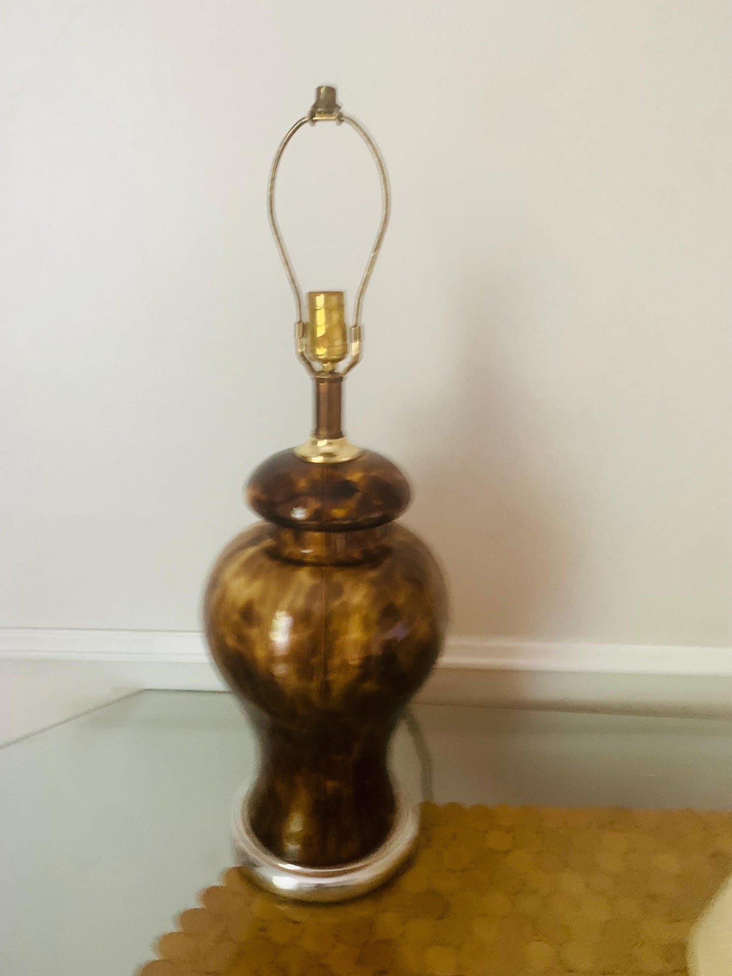 Vintage Large Glass Tortoise Shell Ginger Jar Lamp with Brass Base No Shade