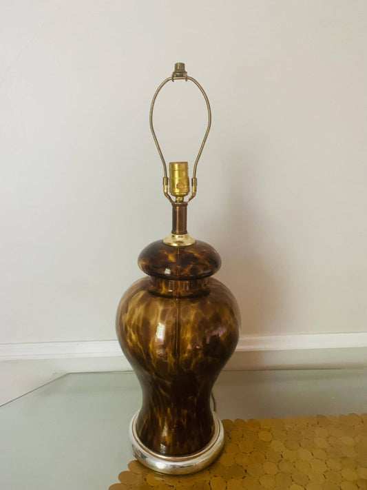 Vintage Large Glass Tortoise Shell Ginger Jar Lamp with Brass Base No Shade