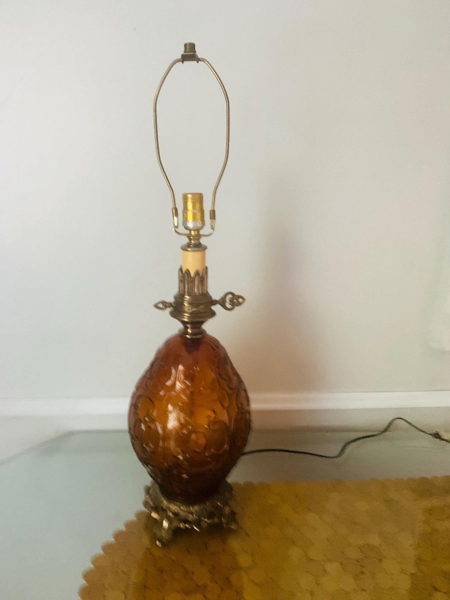 MCM Extra Large Eggshaped Embossed Amber Glass Globe Lamp with Brass Details No Shade