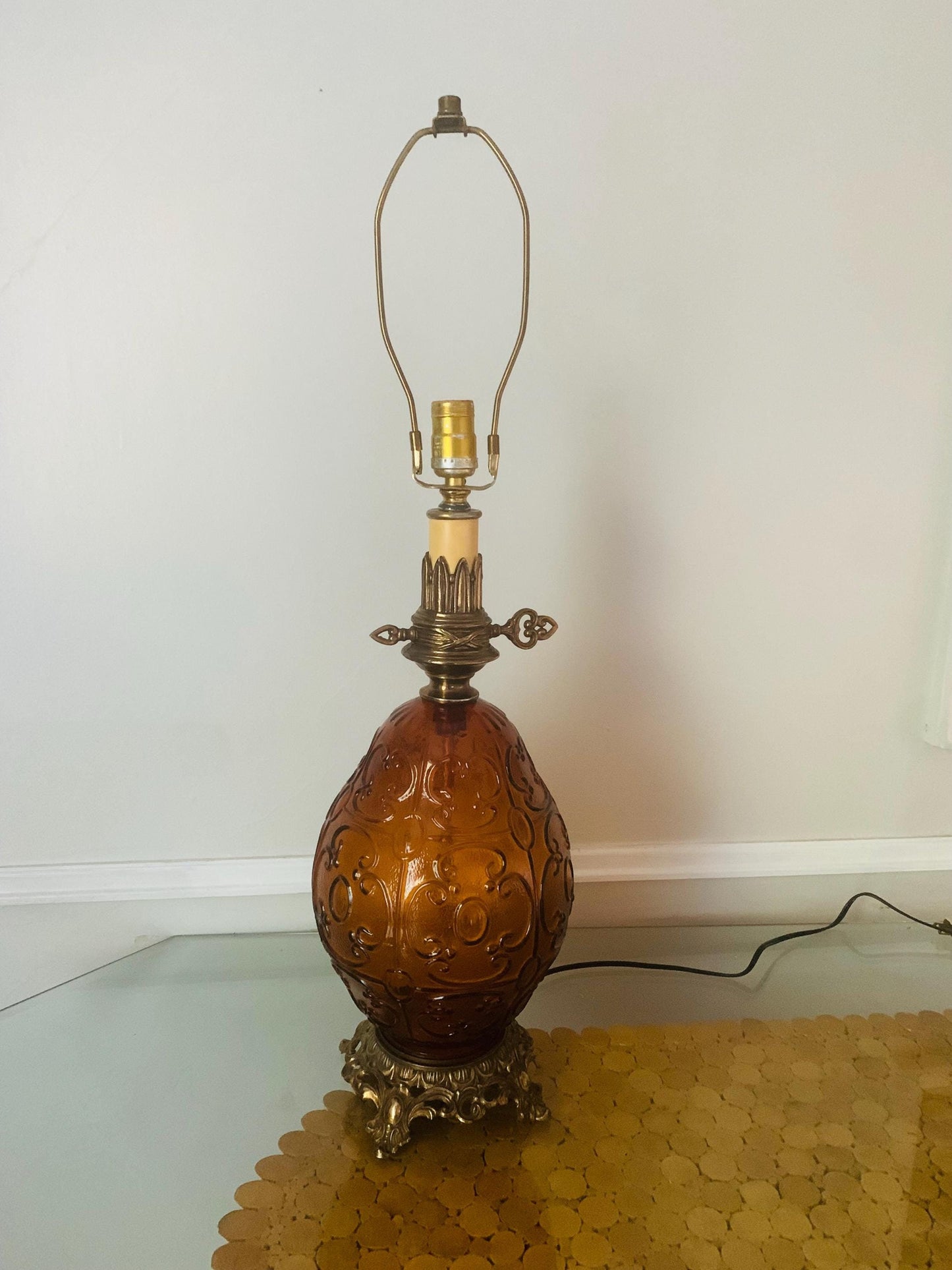 MCM Extra Large Eggshaped Embossed Amber Glass Globe Lamp with Brass Details No Shade