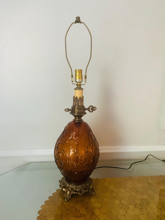 MCM Extra Large Eggshaped Embossed Amber Glass Globe Lamp with Brass Details No Shade