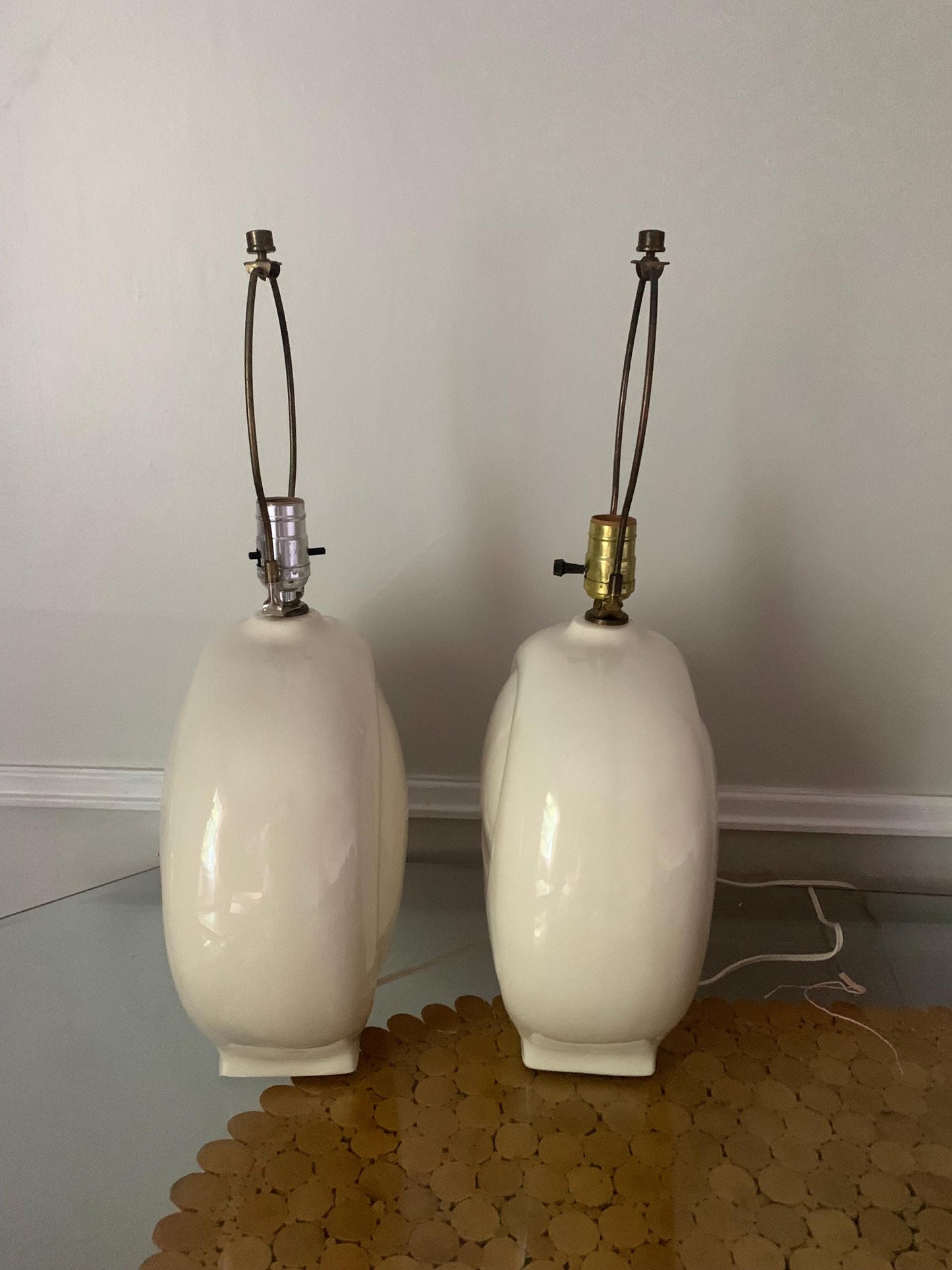 Vintage Pair of Large Cream Ceramic Swirl Lamps No Shades