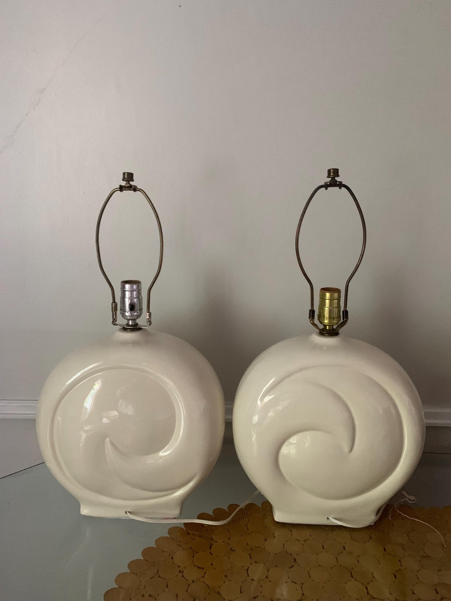 Vintage Pair of Large Cream Ceramic Swirl Lamps No Shades